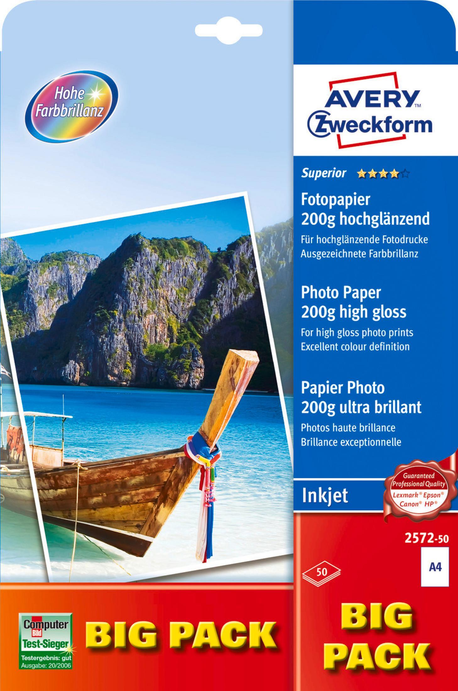 AVERY ZWECKFORM 2572-50 A4 210 Fotopapier x 200G mm Blatt 297 210 mm x 50BL.HOCHGLÄNZEND mm A4 Inkjet 297 50