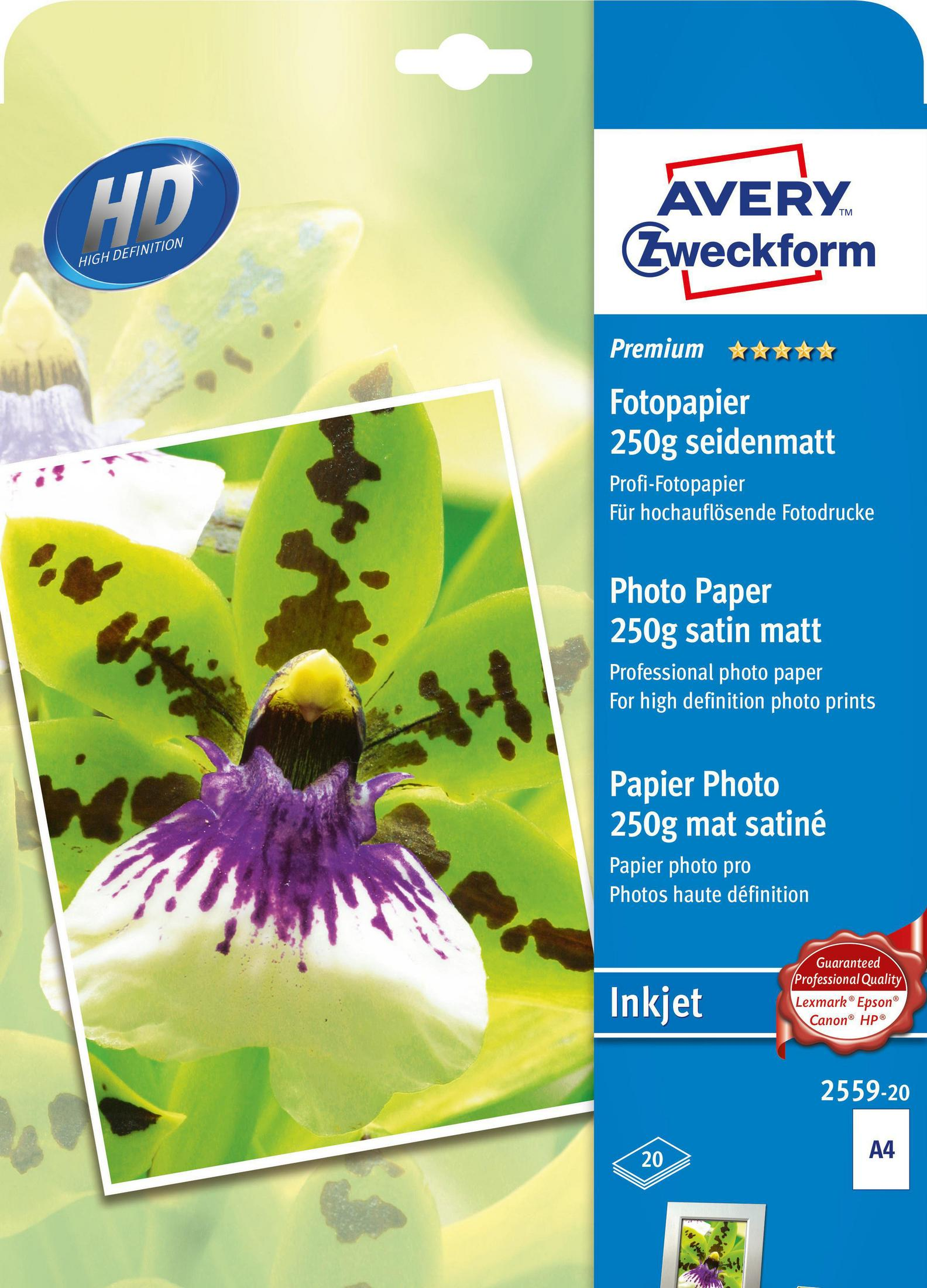 210 297 x 250G mm ZWECKFORM 2559-20 x 20 20BL.SEIDENMATT mm AVERY A4 210 Inkjet mm A4 Fotopapier 297 Blatt