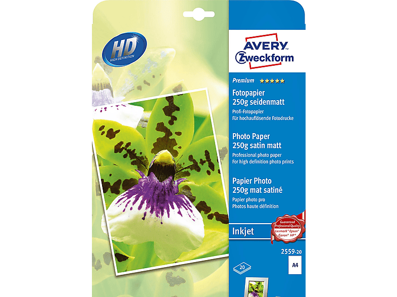 210 297 x 250G mm ZWECKFORM 2559-20 x 20 20BL.SEIDENMATT mm AVERY A4 210 Inkjet mm A4 Fotopapier 297 Blatt