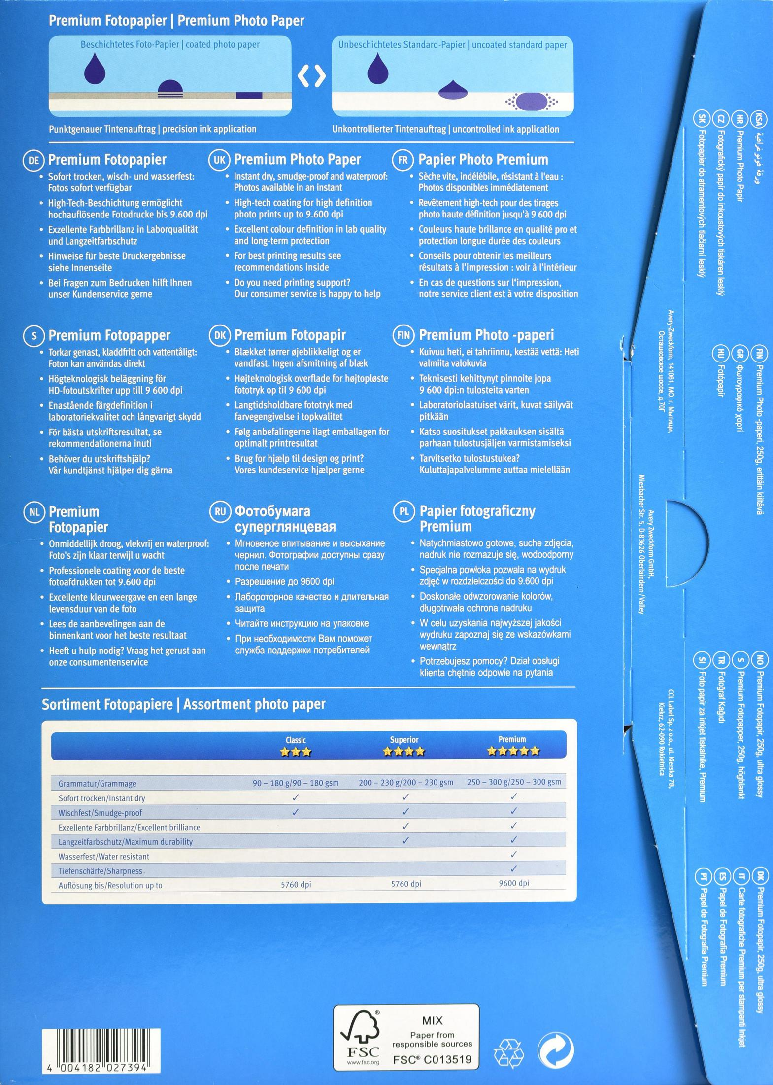 Ein Papier mit Text in mehreren Sprachen und einer Farbtabelle für Fotopapiertypen.
