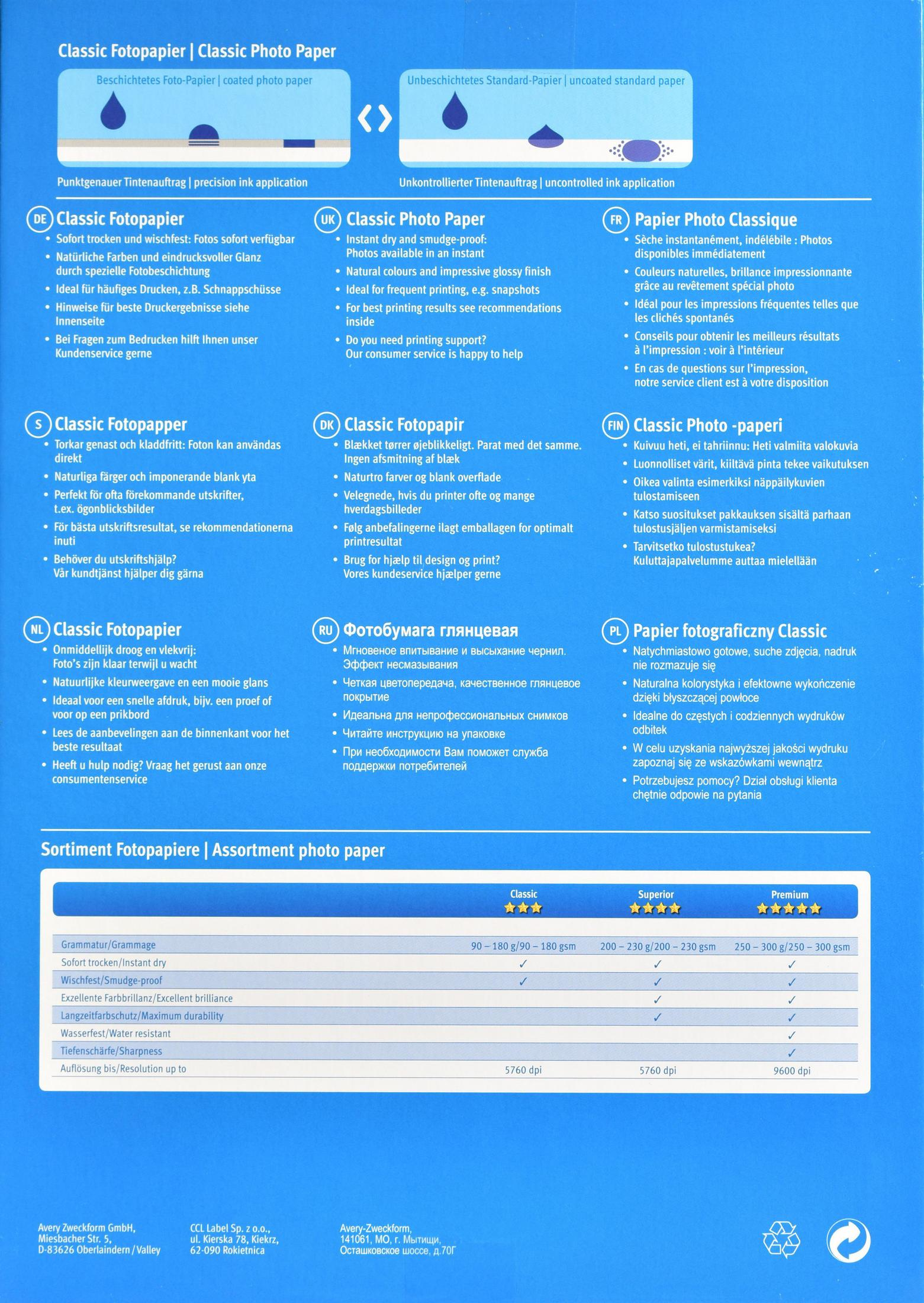 Karta papieru z wieloma sekcjami tekstu w różnych językach i tabelą.