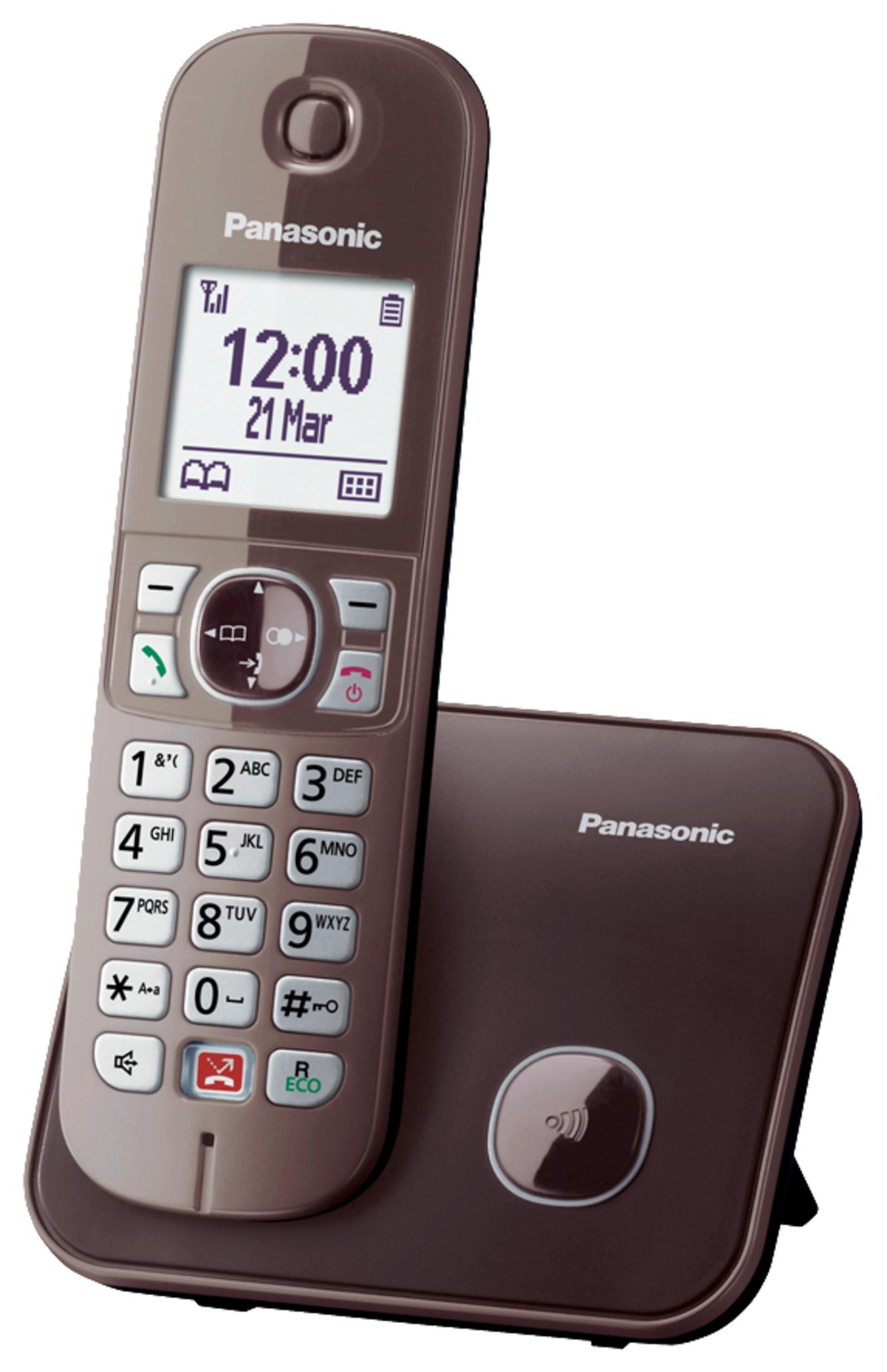 Braunes Festnetztelefon mit Bildschirm, der Zeit und Datum anzeigt. Weißer Hintergrund.