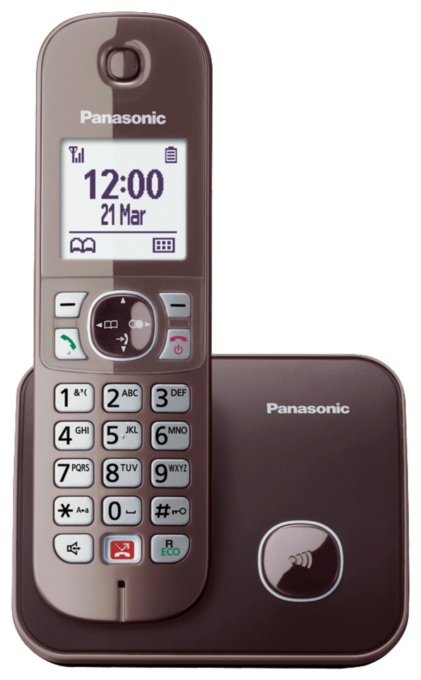 Ein braunes schnurloses Panasonic Telefon mit Basis. Weißer Hintergrund.