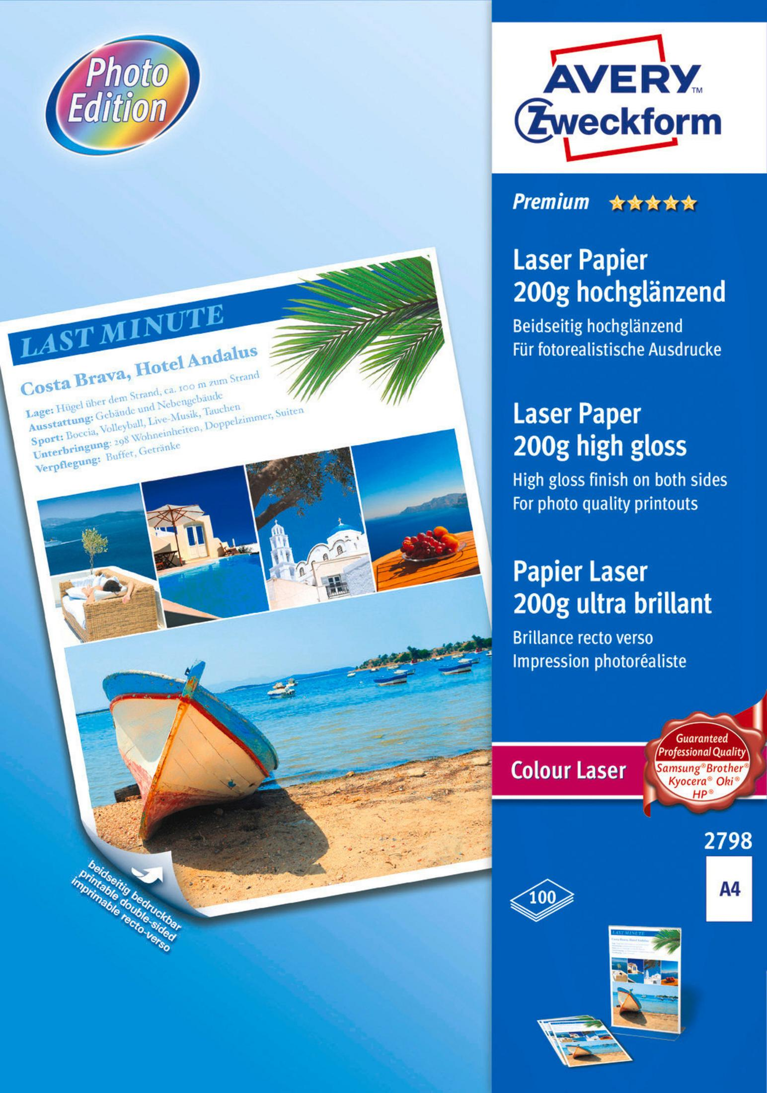 Avery Zweckform Papier, Foto-Edition. Das Bild zeigt eine Strandszene mit einem Boot und Text in mehreren Sprachen.
