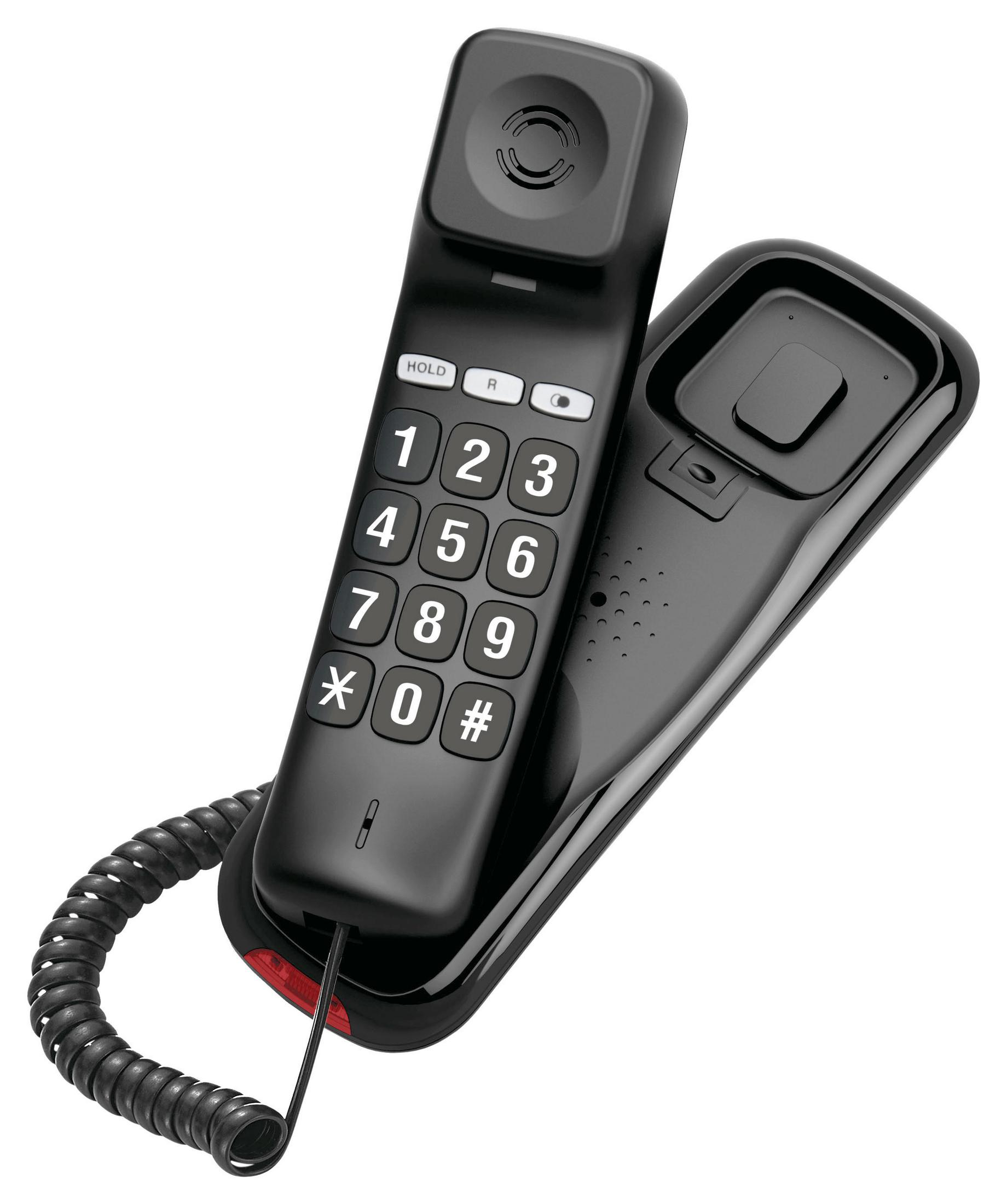 Ein schwarzes Festnetztelefon mit Wähltastenfeld. Der Hörer ist vom Sockel genommen.