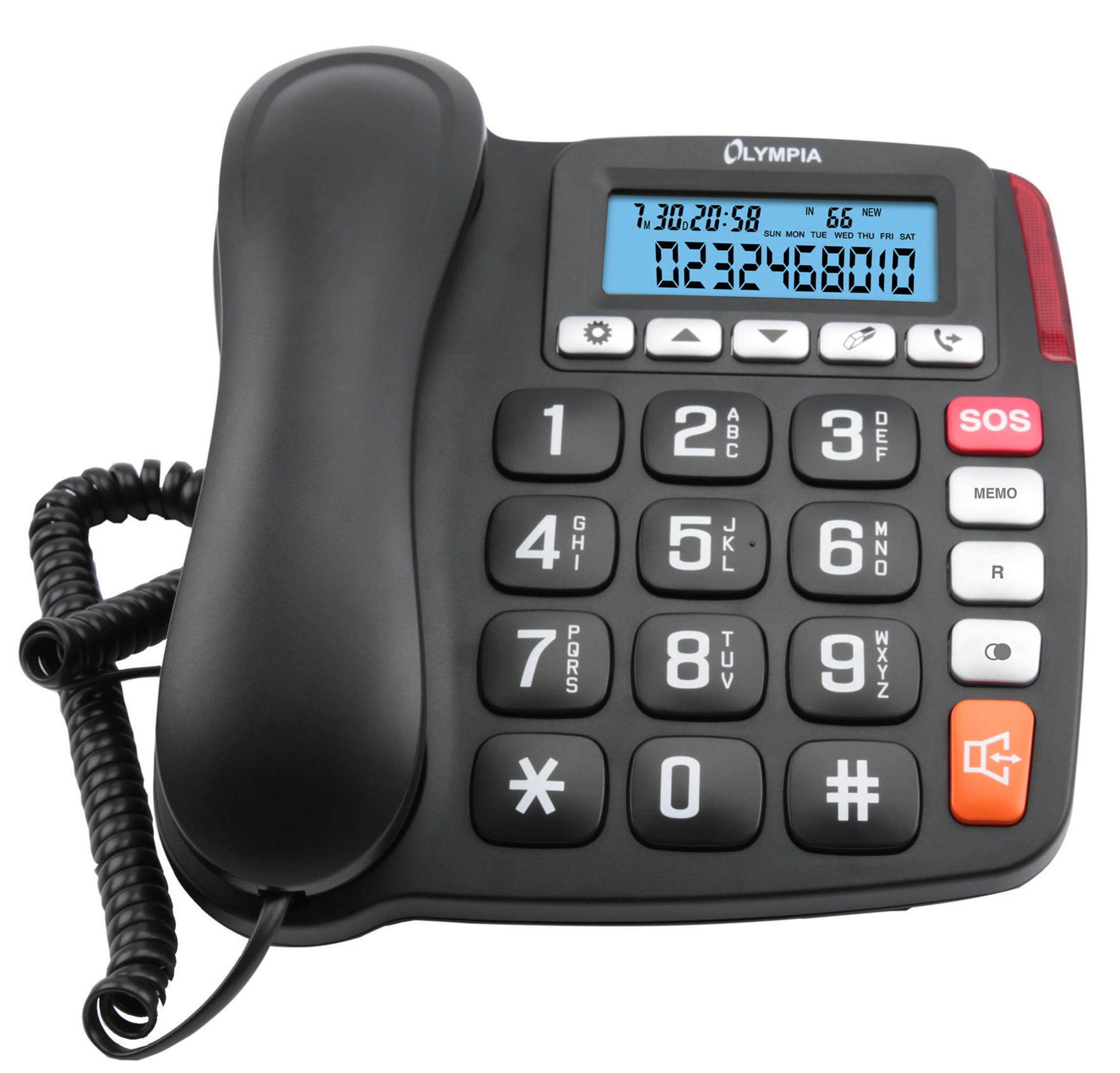 Schwarzes Olympia-Telefon mit großen Tasten und Display.