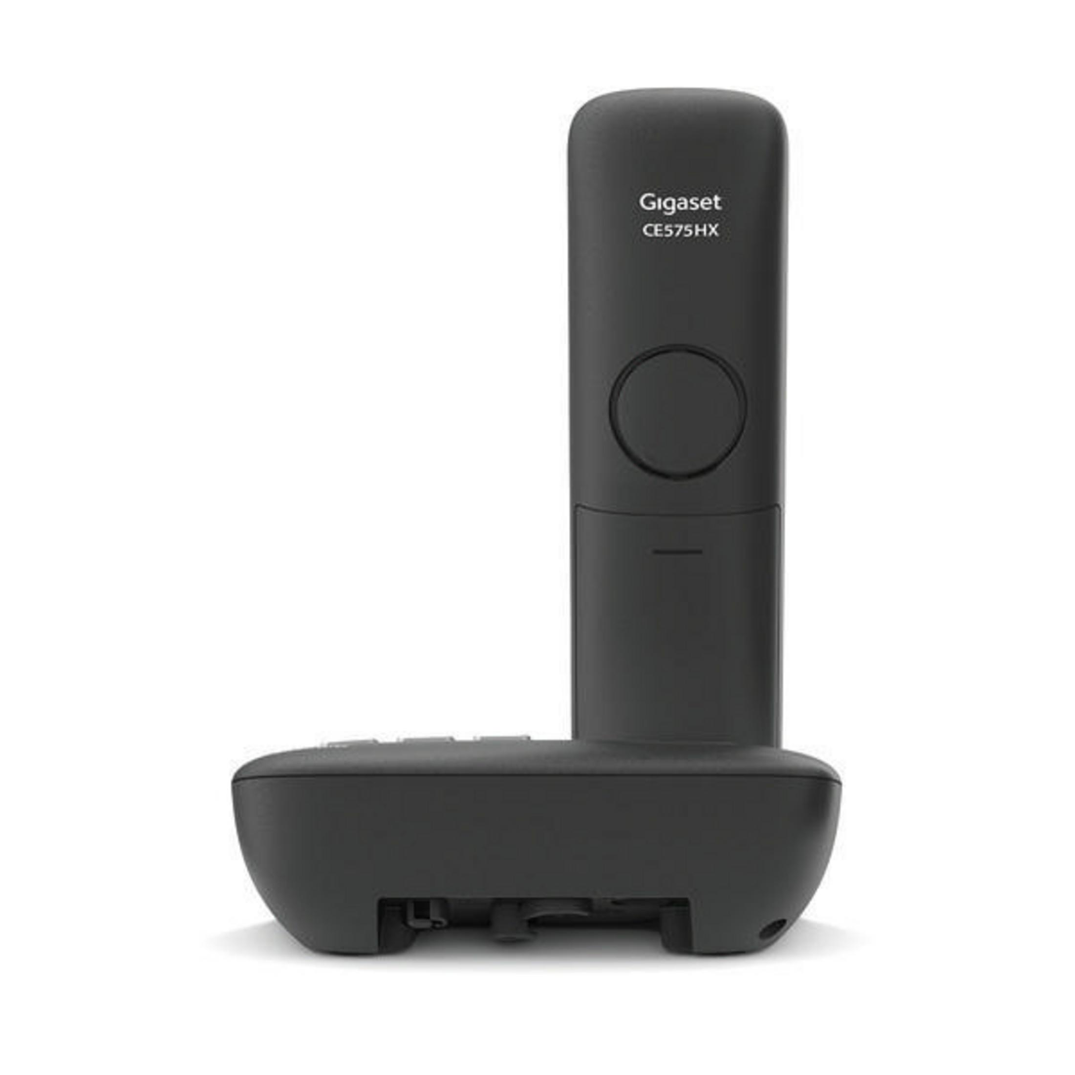 Telefono cordless Gigaset nero con base, vista angolata su sfondo bianco.