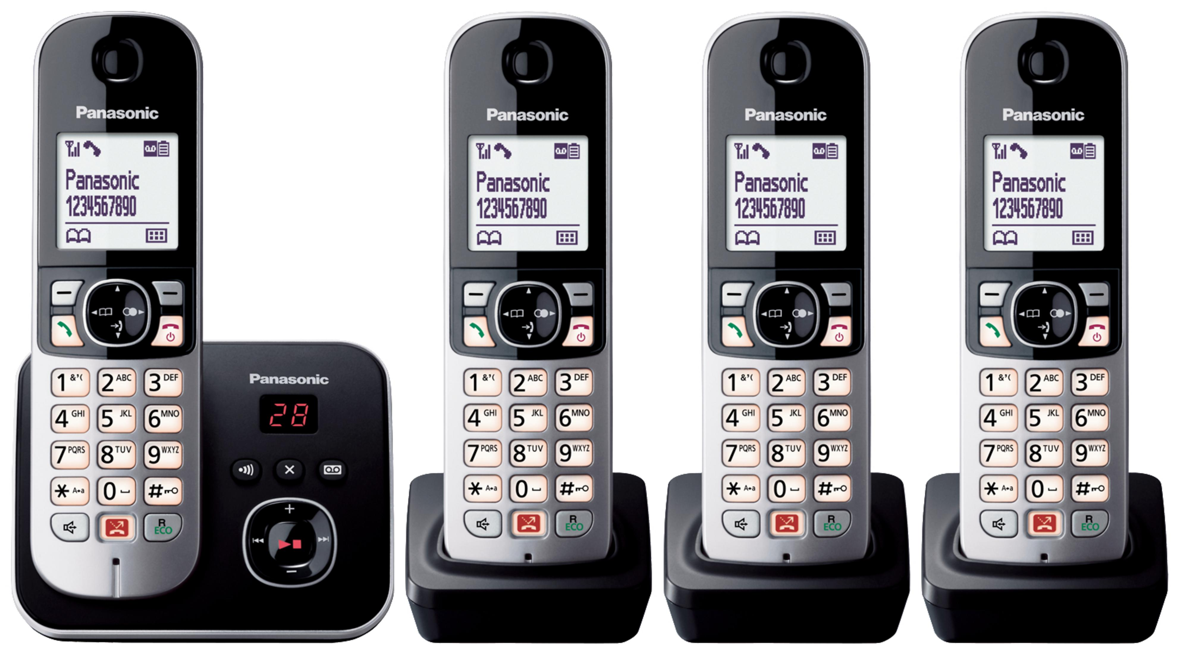 Vier Panasonic Schnurlostelefone und eine Ladestation mit Nummer.