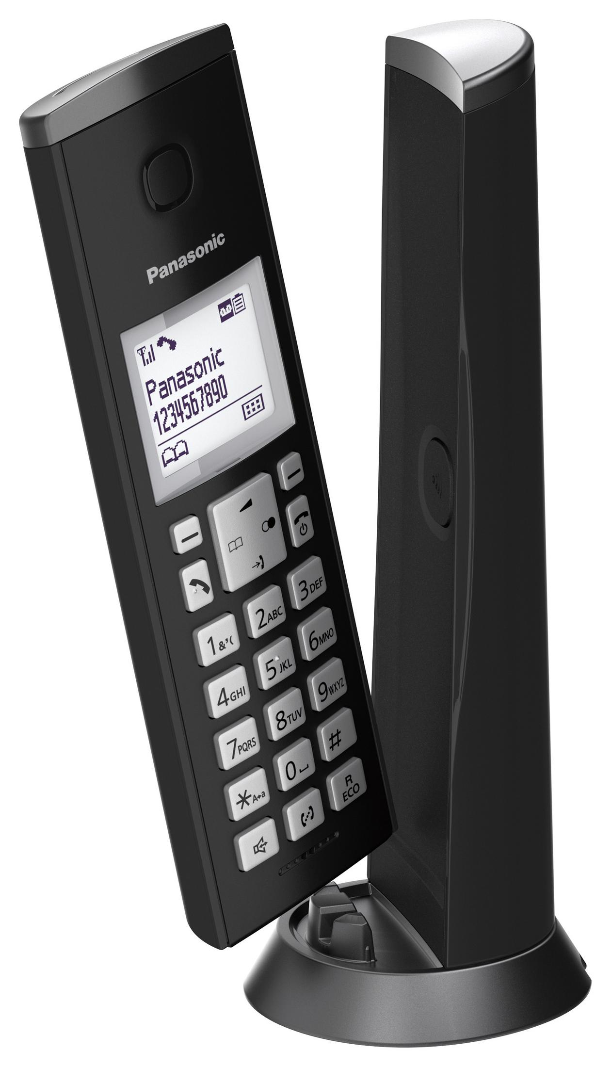 Teléfono inalámbrico negro con base. Teléfono en ángulo, mostrando pantalla y botones. Base cargando.