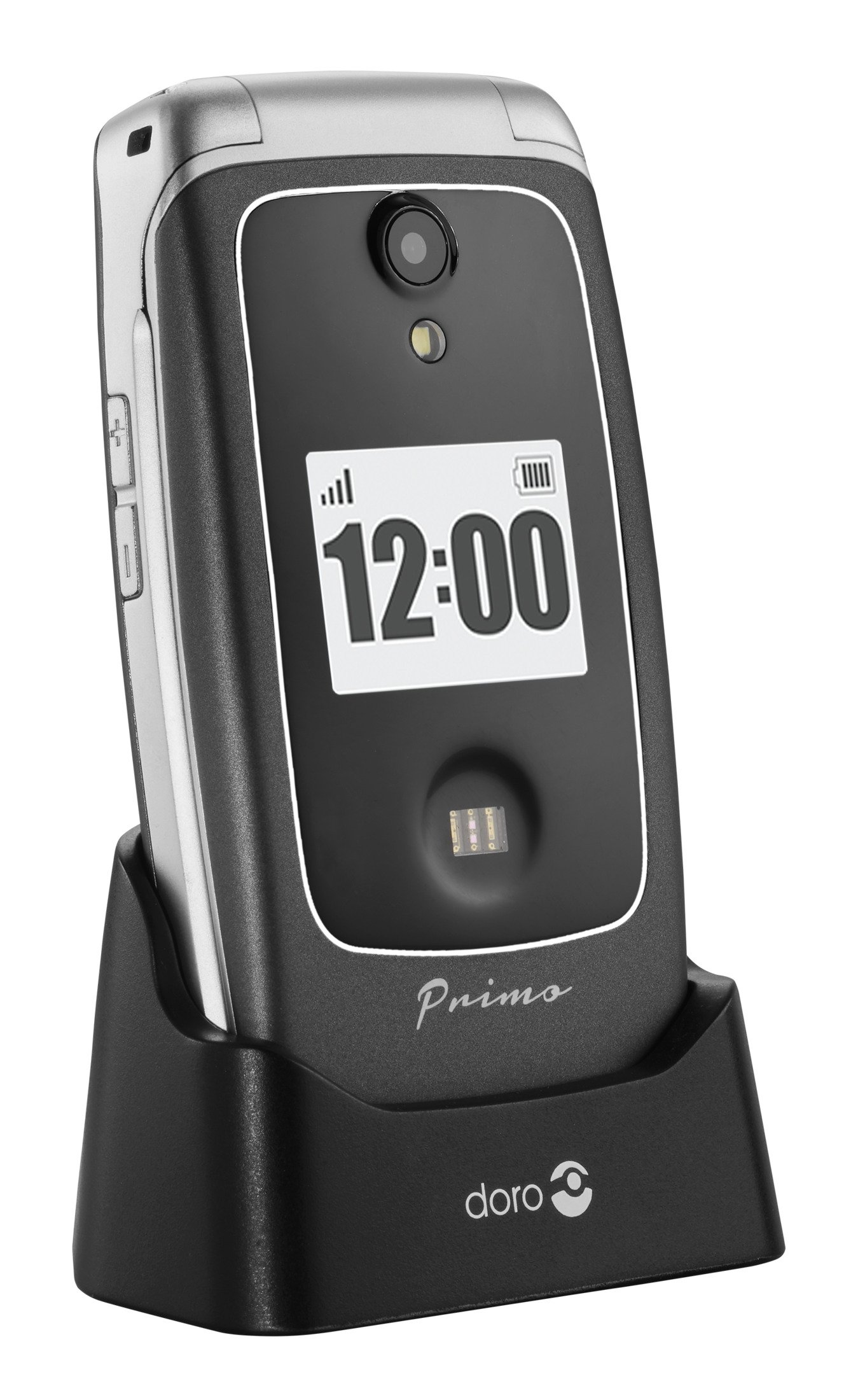 Szary telefon z klapką z wyświetloną godziną, w czarnej stacji ładującej.