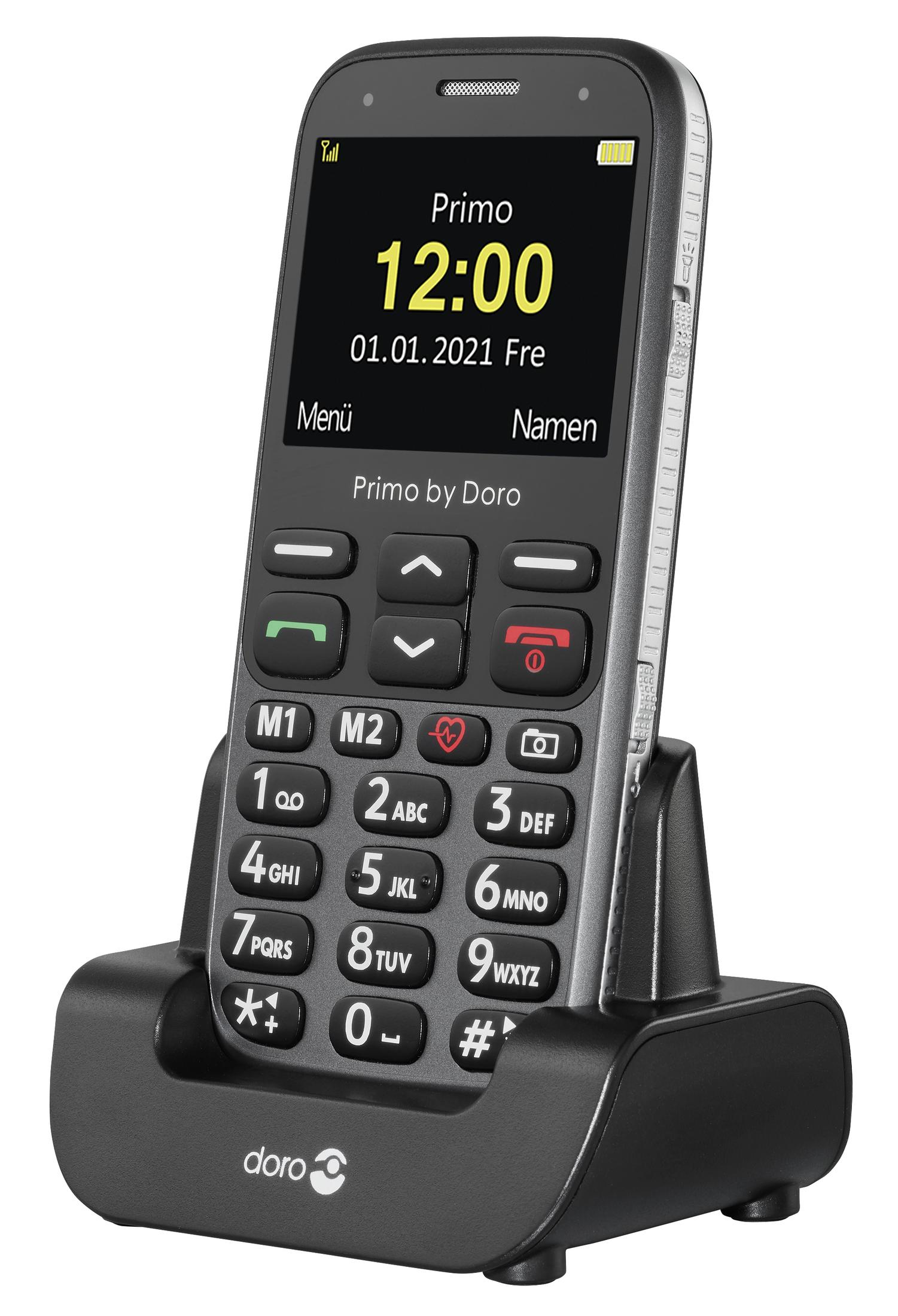 Czarny i szary telefon Doro w stacji ładującej z wyświetlanym czasem.