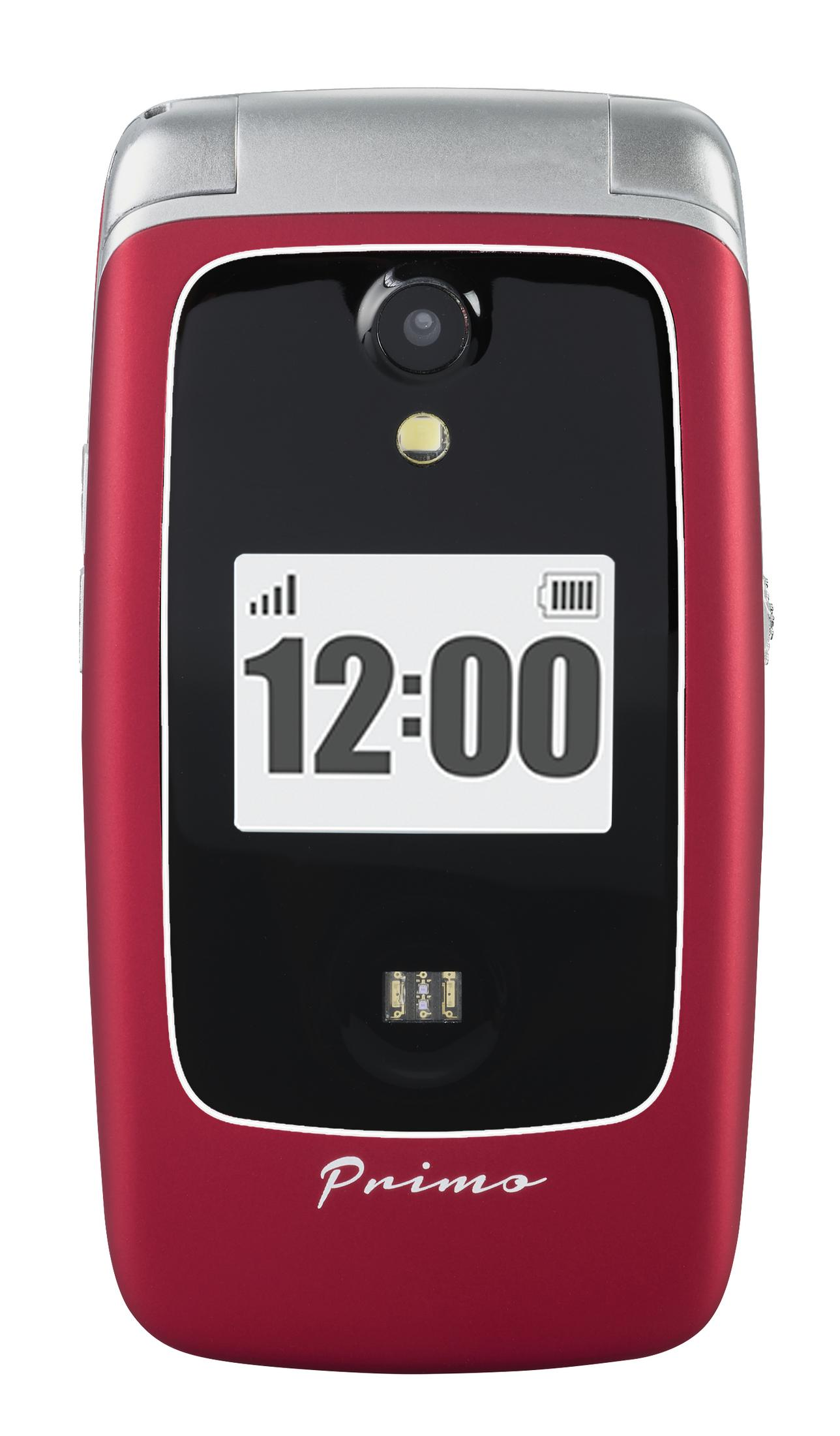Teléfono plegable rojo con pantalla mostrando 12:00 y cámara, sobre fondo blanco.
