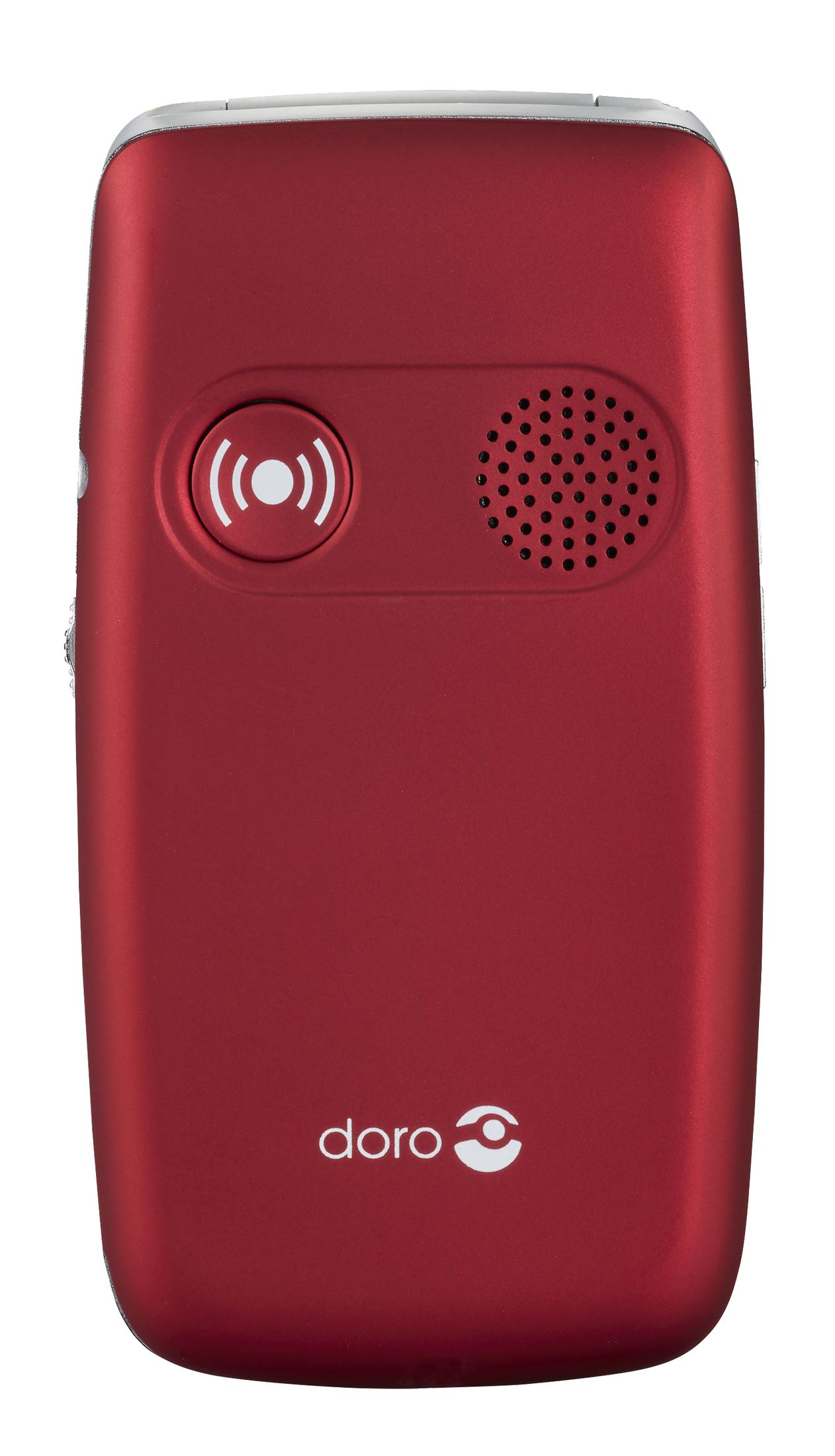 Teléfono móvil Doro rojo con botón grande y altavoz. Se muestra el nombre de la marca.
