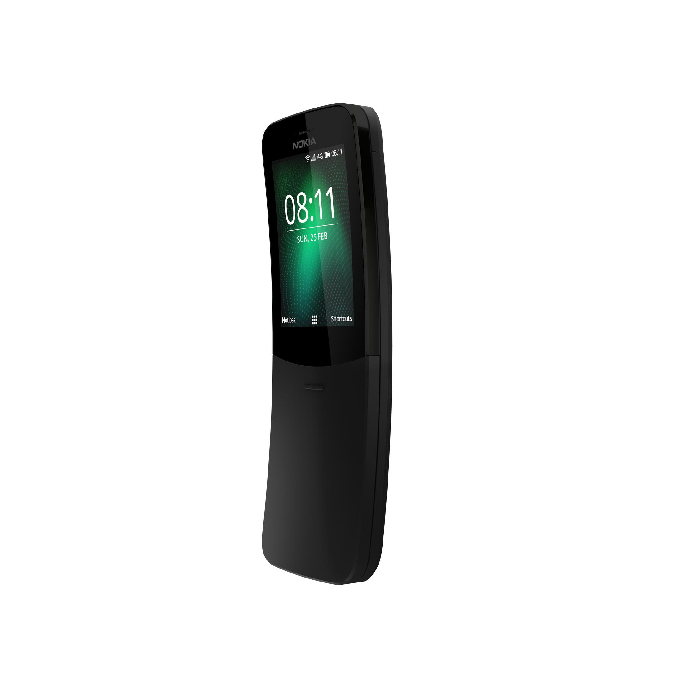 Ein schwarzes Nokia 8110-Telefon zeigt die Uhrzeit 08:11 an. Das Datum ist Sonntag, der 25. Februar. Der Hintergrund ist ein grüner Farbverlauf.