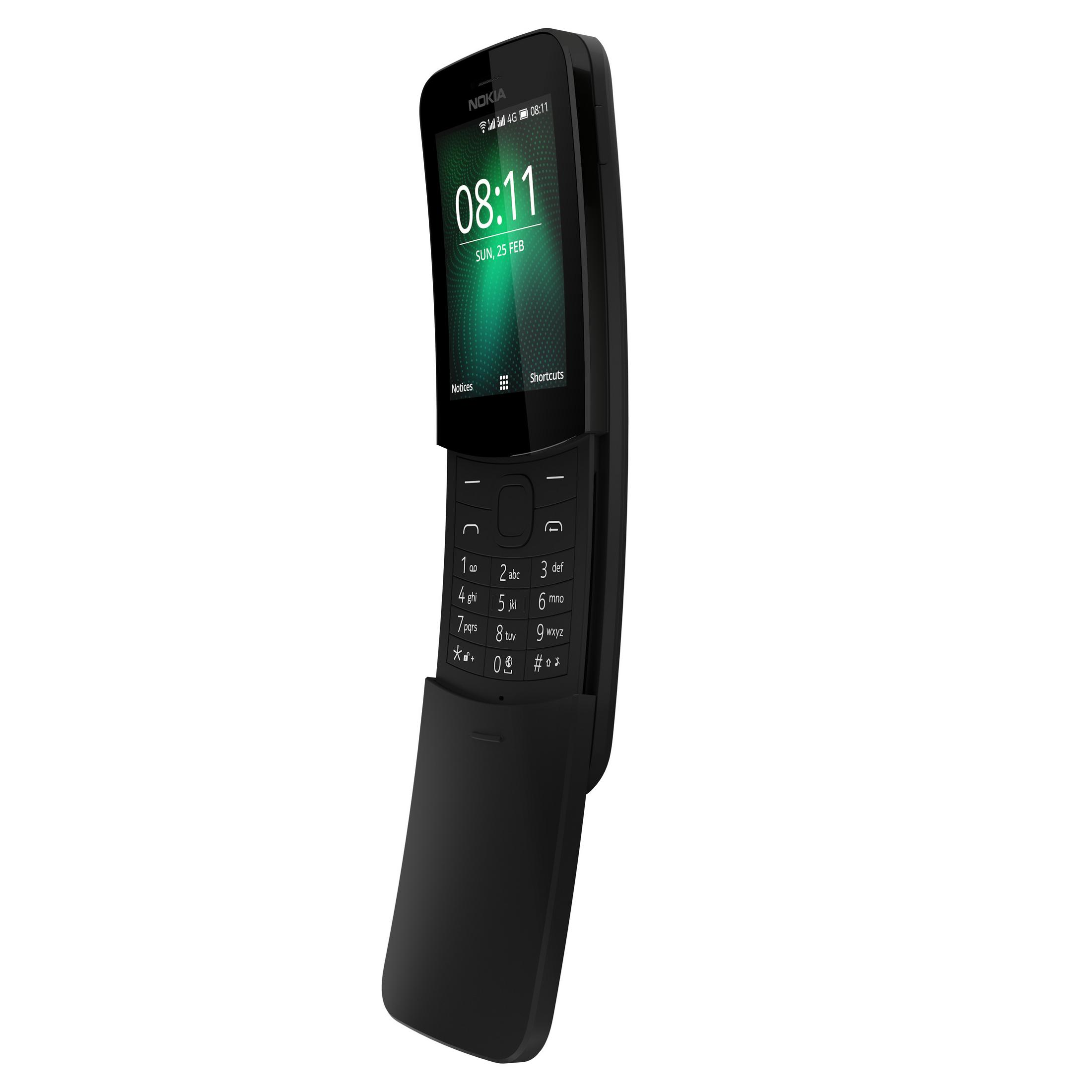 Ein schwarzes Nokia 8110 Slider-Telefon ist teilweise geöffnet und zeigt die Tastatur. Der Bildschirm zeigt 08:11 am Sonntag, den 25. Februar.