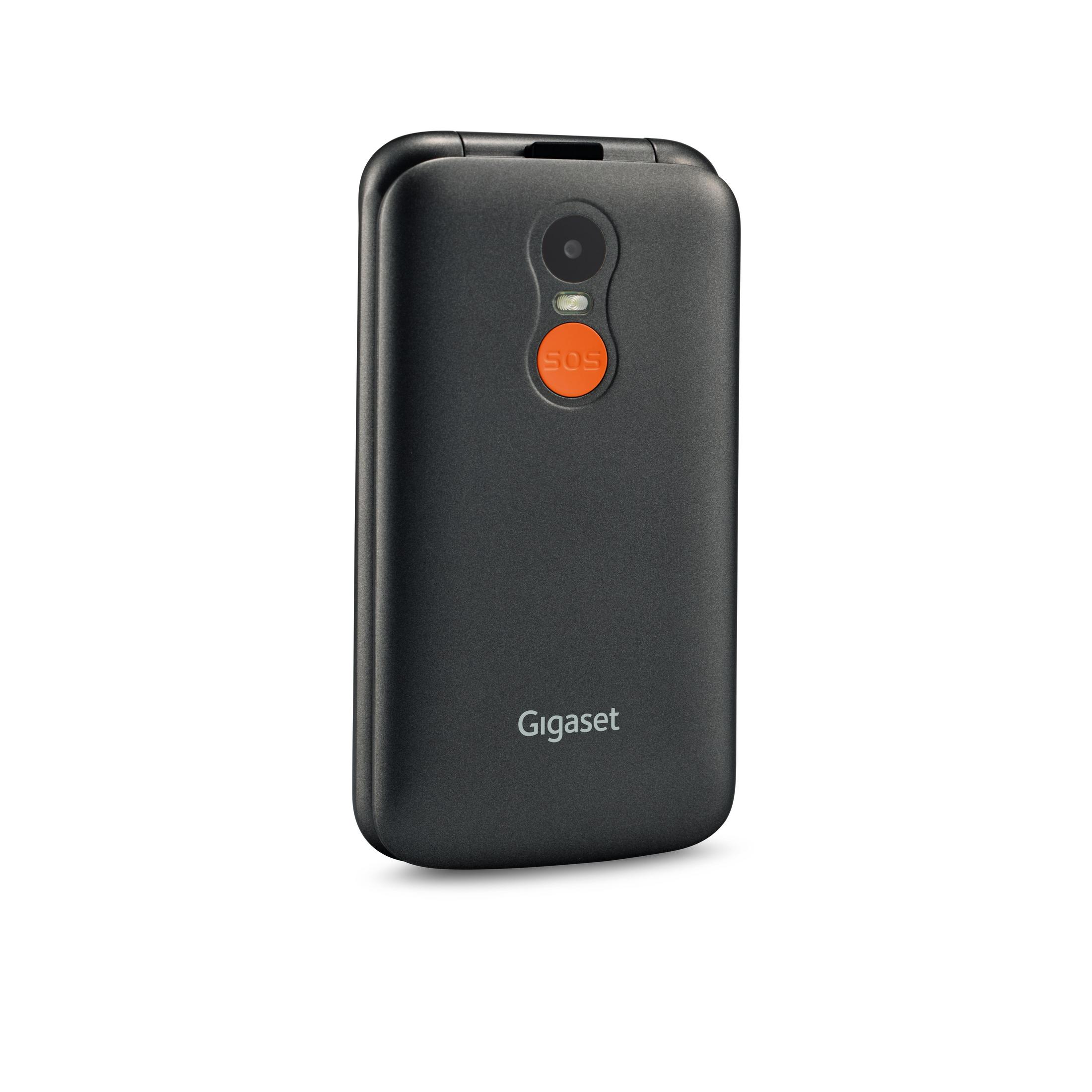 Il retro di un telefono a conchiglia Gigaset grigio mostra una fotocamera e un pulsante SOS arancione. Il marchio è in basso.