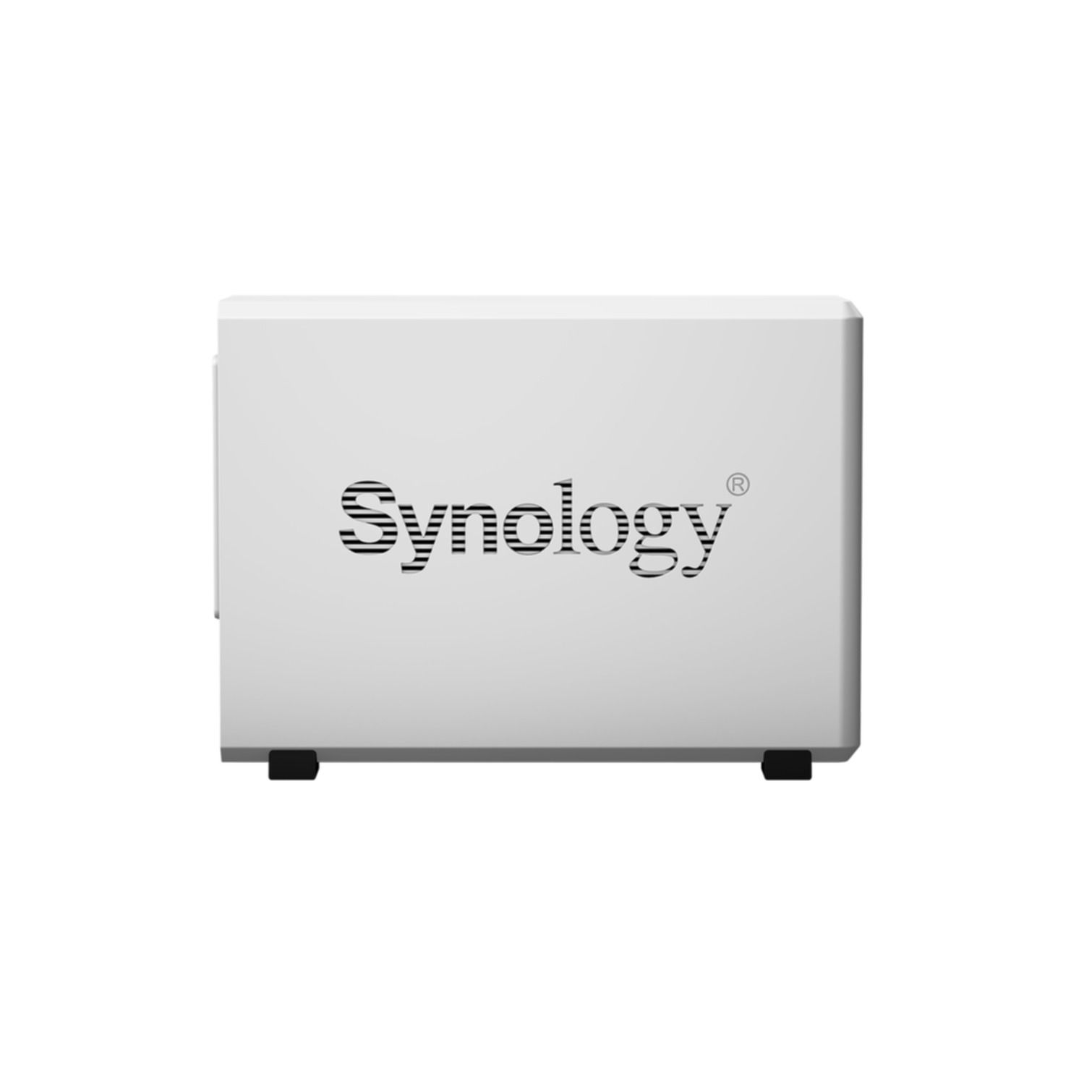 Ein weißes Synology NAS-Gerät mit Firmenlogo, vor weißem Hintergrund.