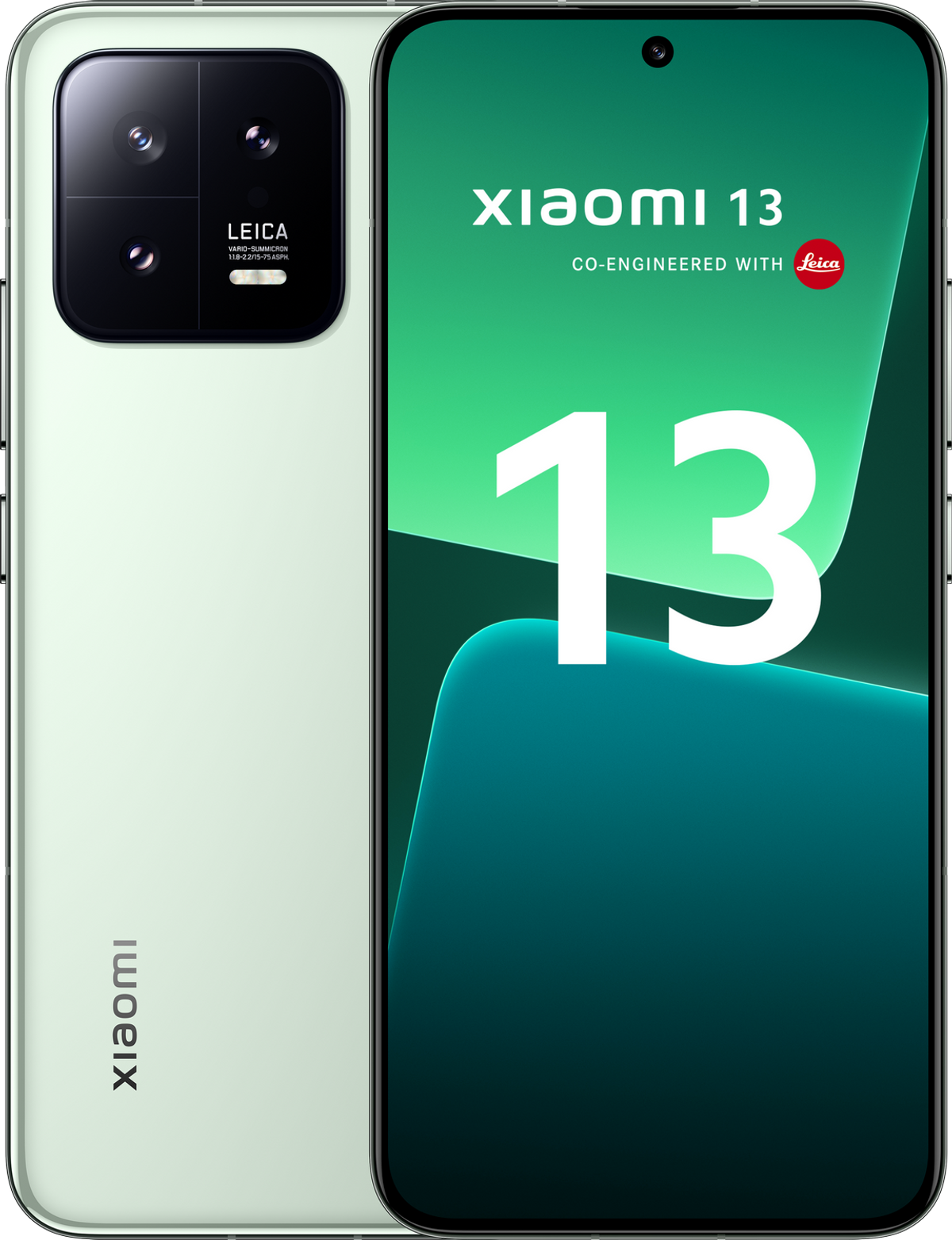Smartphone vert avec triple caméra et le texte 'xiaomi 13' au dos.