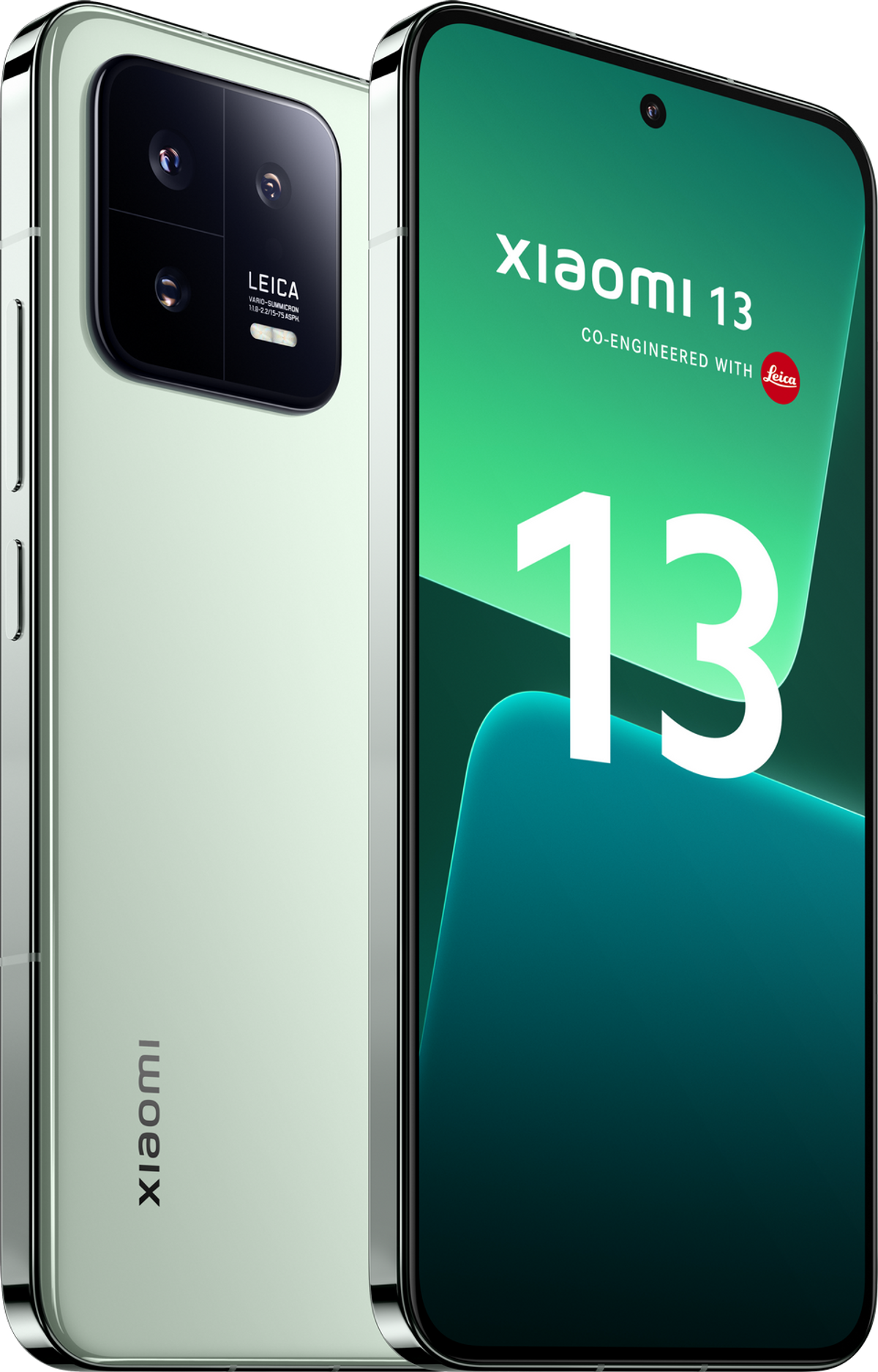 Téléphone vert avec caméra noire et logo Leica. Fond blanc, écran affichant un fond vert.