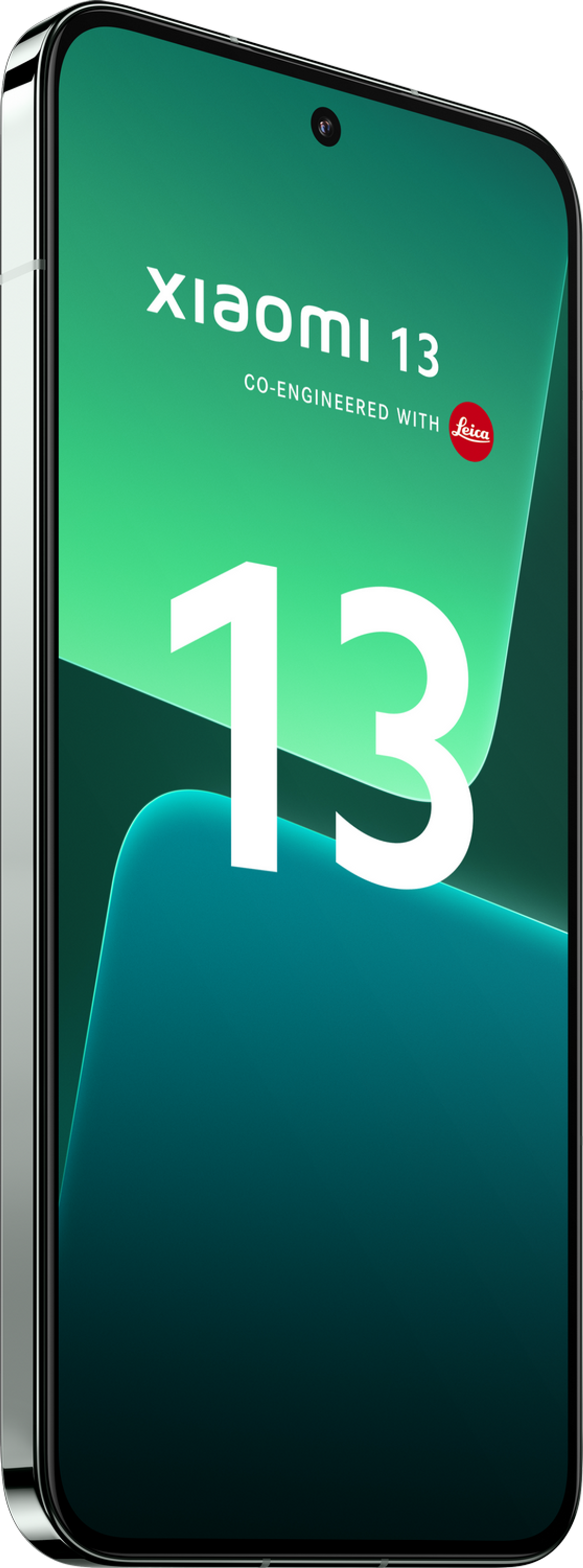 Un smartphone avec un fond vert et bleu. Le téléphone affiche le texte 'Xiaomi 13'.