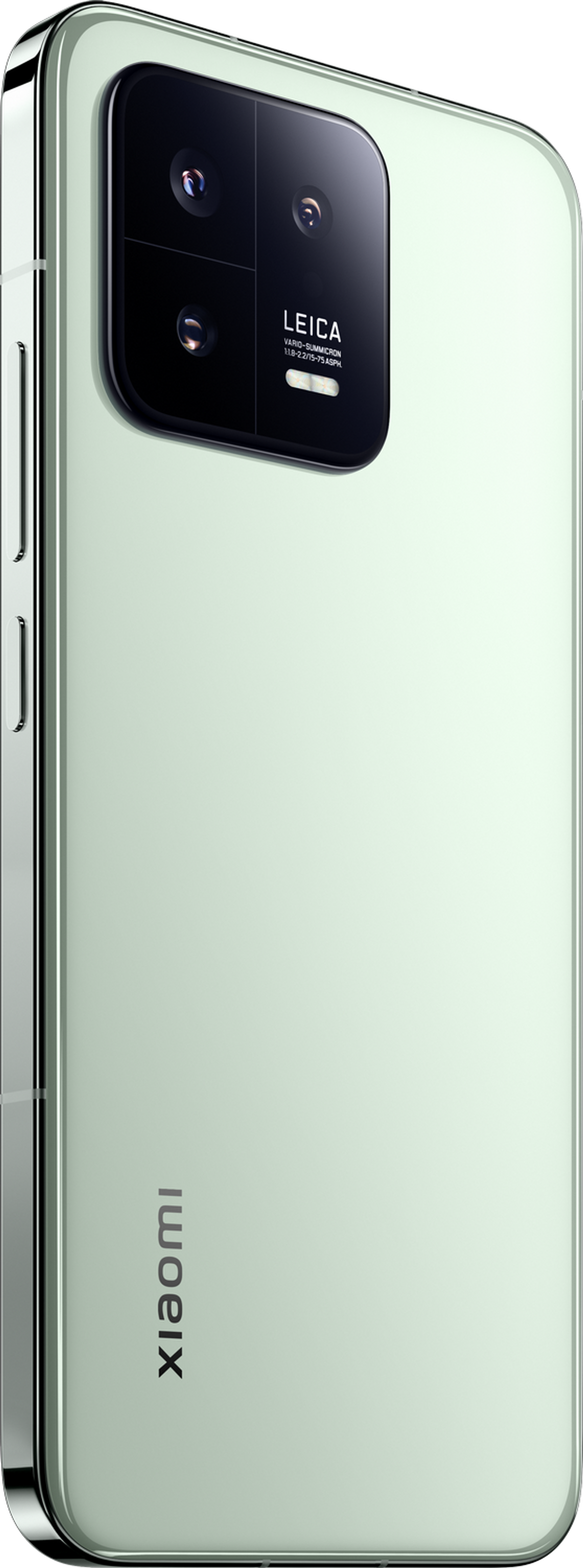Smartphone vert clair avec trois caméras. Arrière avec texte "Xiaomi" et "Leica".