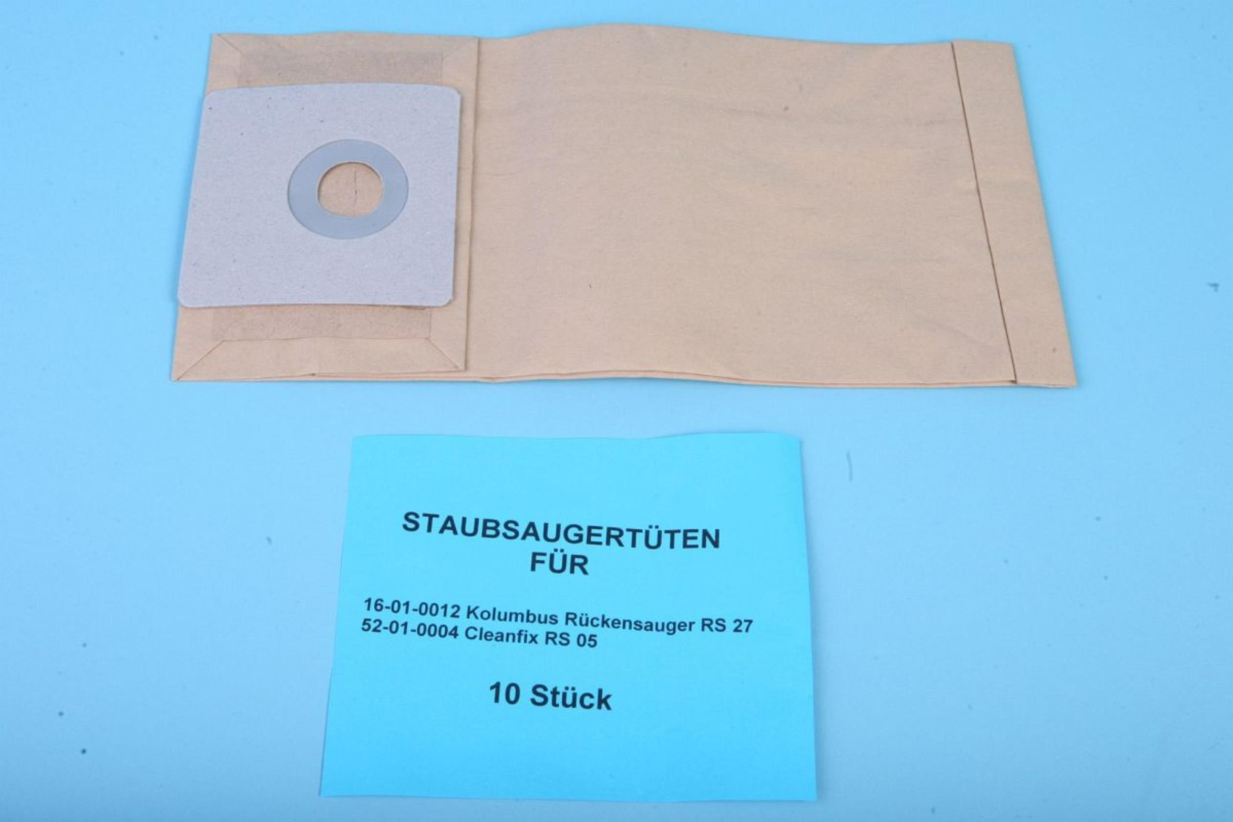 Staubsaugerbeutel und eine blaue Packung mit Text auf Deutsch. Der Beutel ist braun.