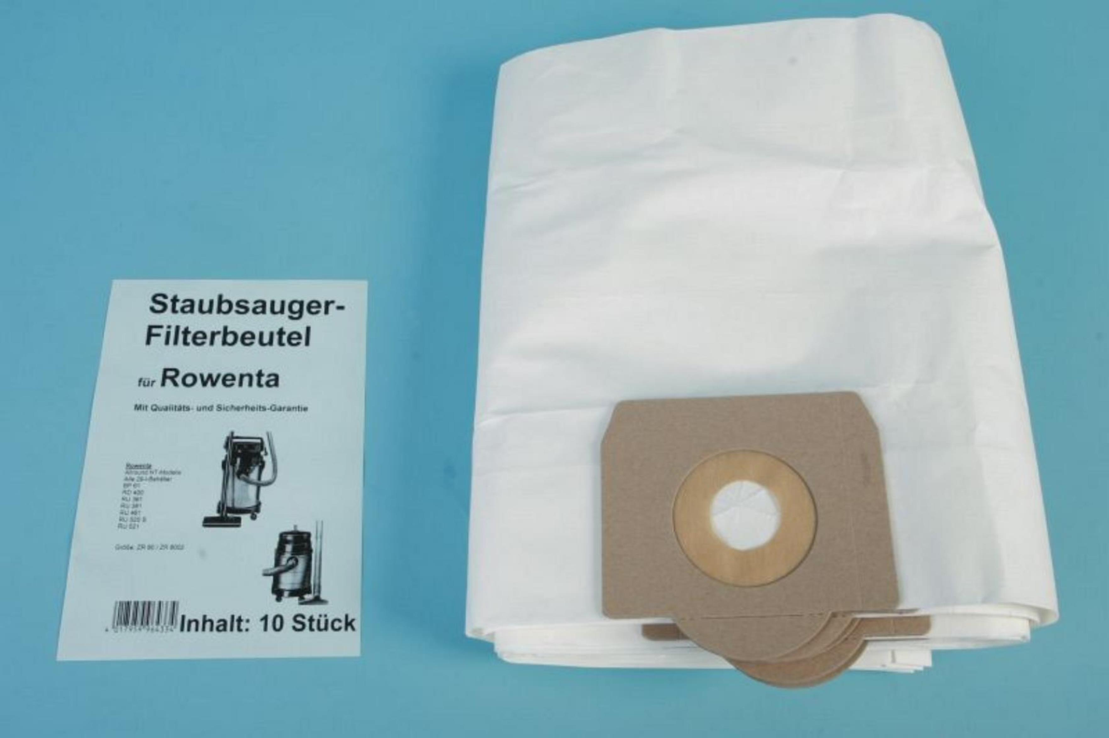 Weiße Staubsaugerbeutel und eine Bedienungsanleitung auf blauem Hintergrund. Es wirbt für Rowenta-Beutel.