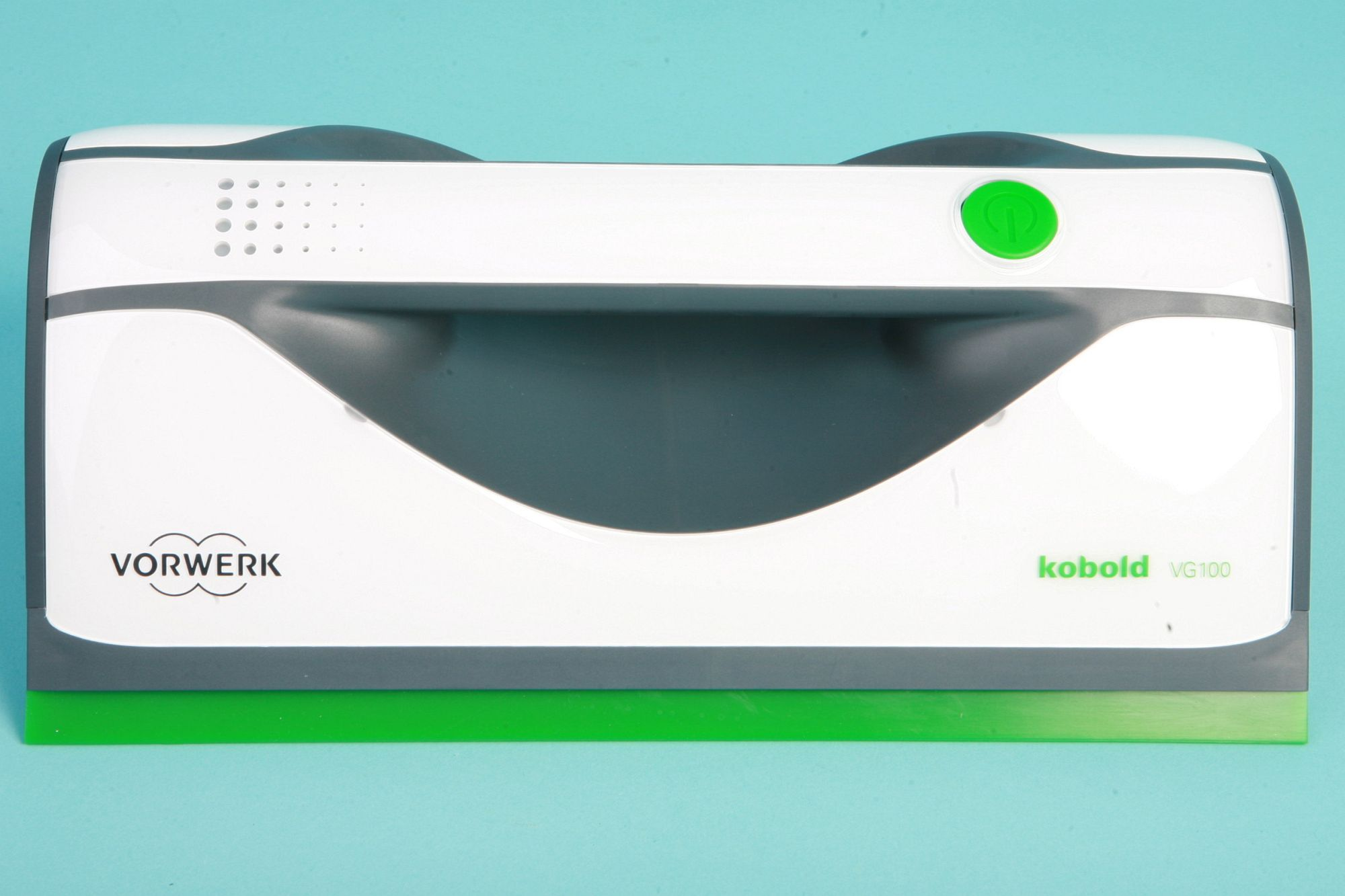 Ein weißer und grauer Fensterreiniger mit einem grünen Wischer und dem Namen 'Vorwerk kobold VG100'.