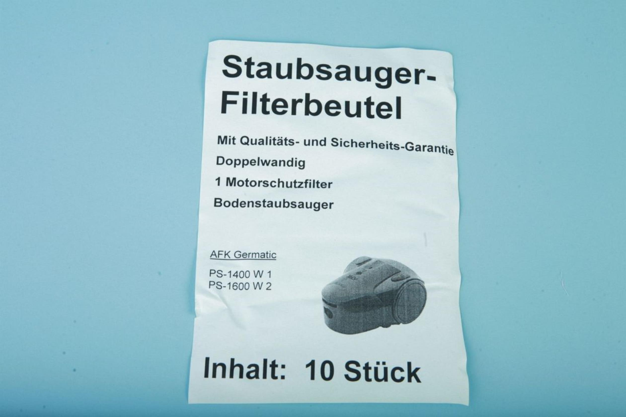 Ein Papier mit Text über Staubsaugerfilterbeutel und einem kleinen Staubsaugerbild.