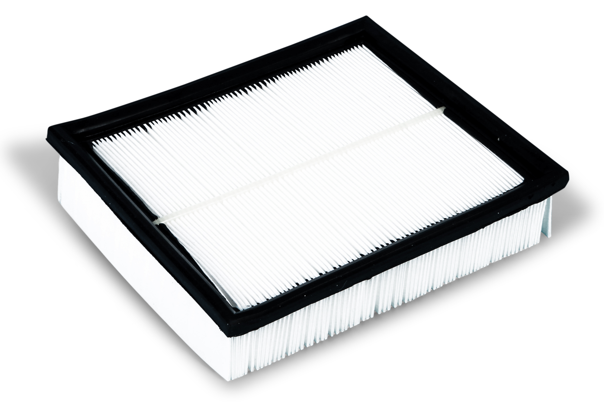 Luftfilter. Weißes, plissiertes Papier in einem schwarzen Rahmen. Weißer Hintergrund.