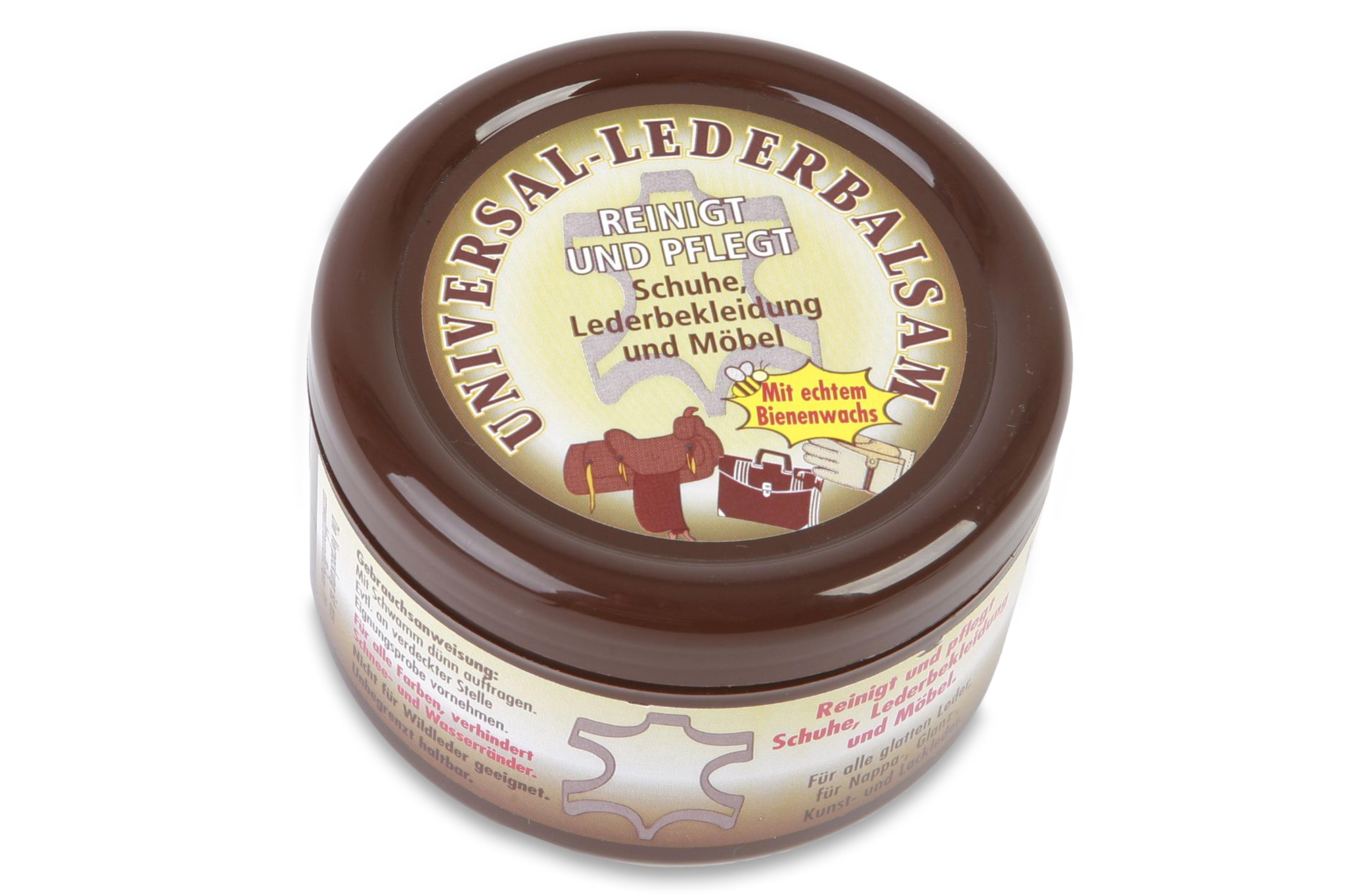 Braunes Glas Lederbalsam. Text: Universal Lederbalsam, reinigt und pflegt Schuhe und Möbel.