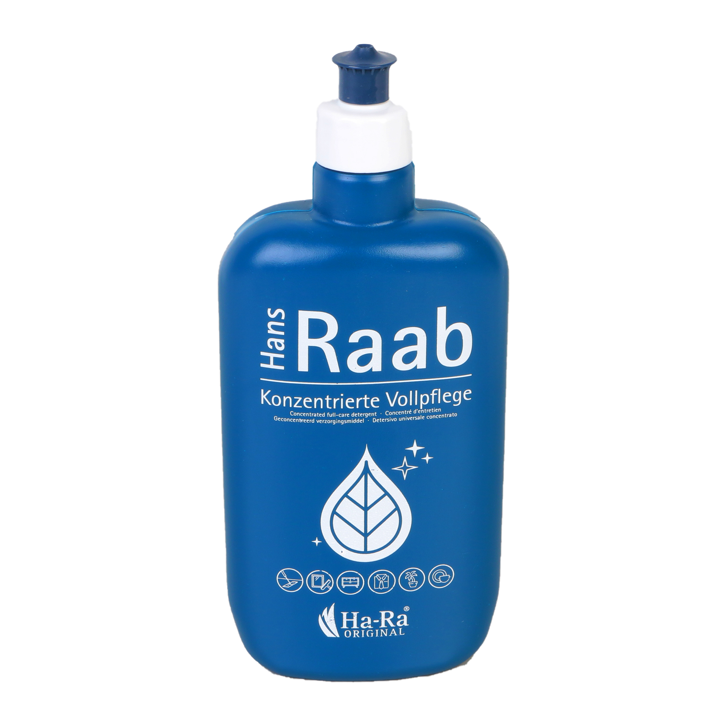 Blaue Flasche Reinigungskonzentrat mit weißem Deckel und Text 'Hans Raab'.