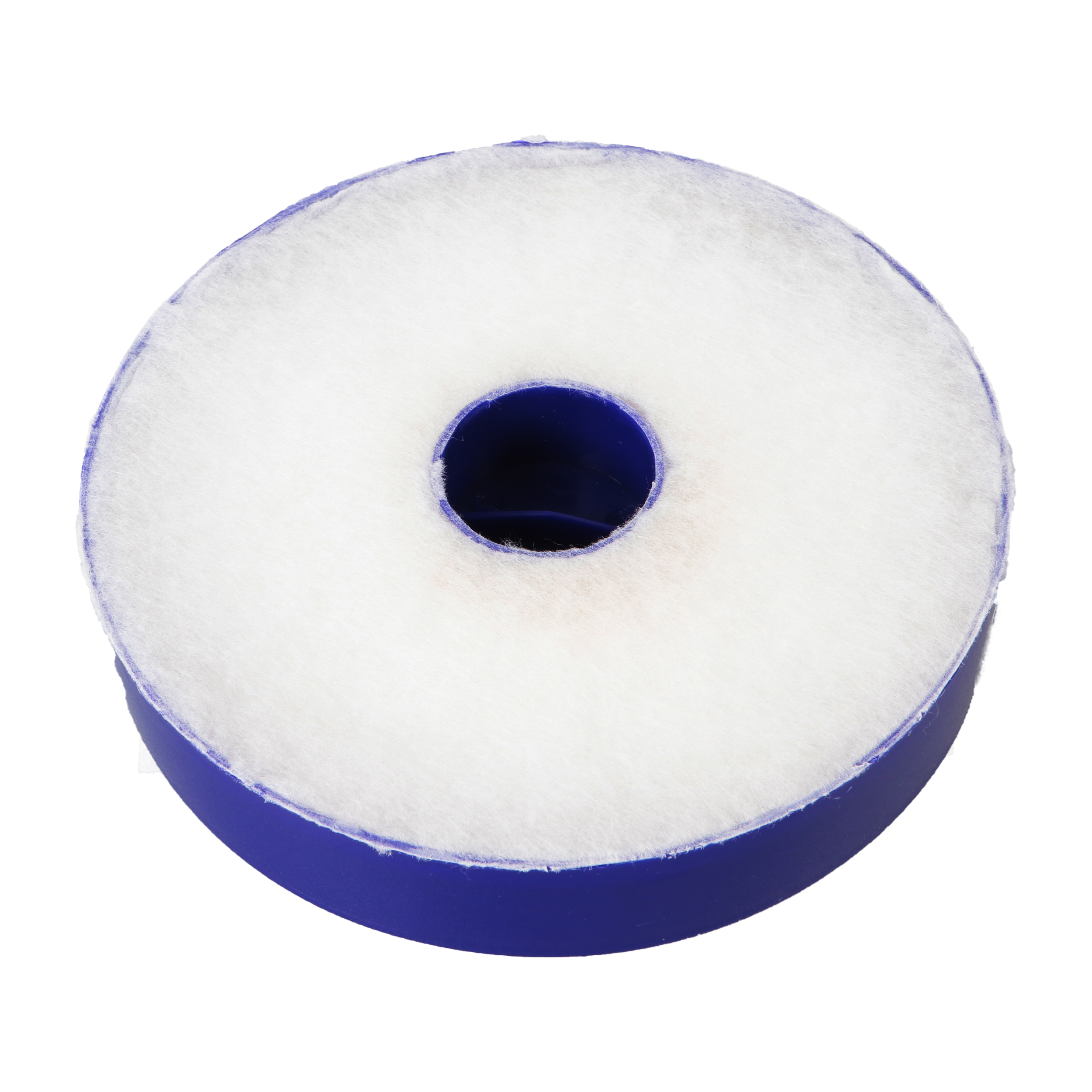 Ein blaues ringförmiges Filter mit weißer Innenpolsterung.