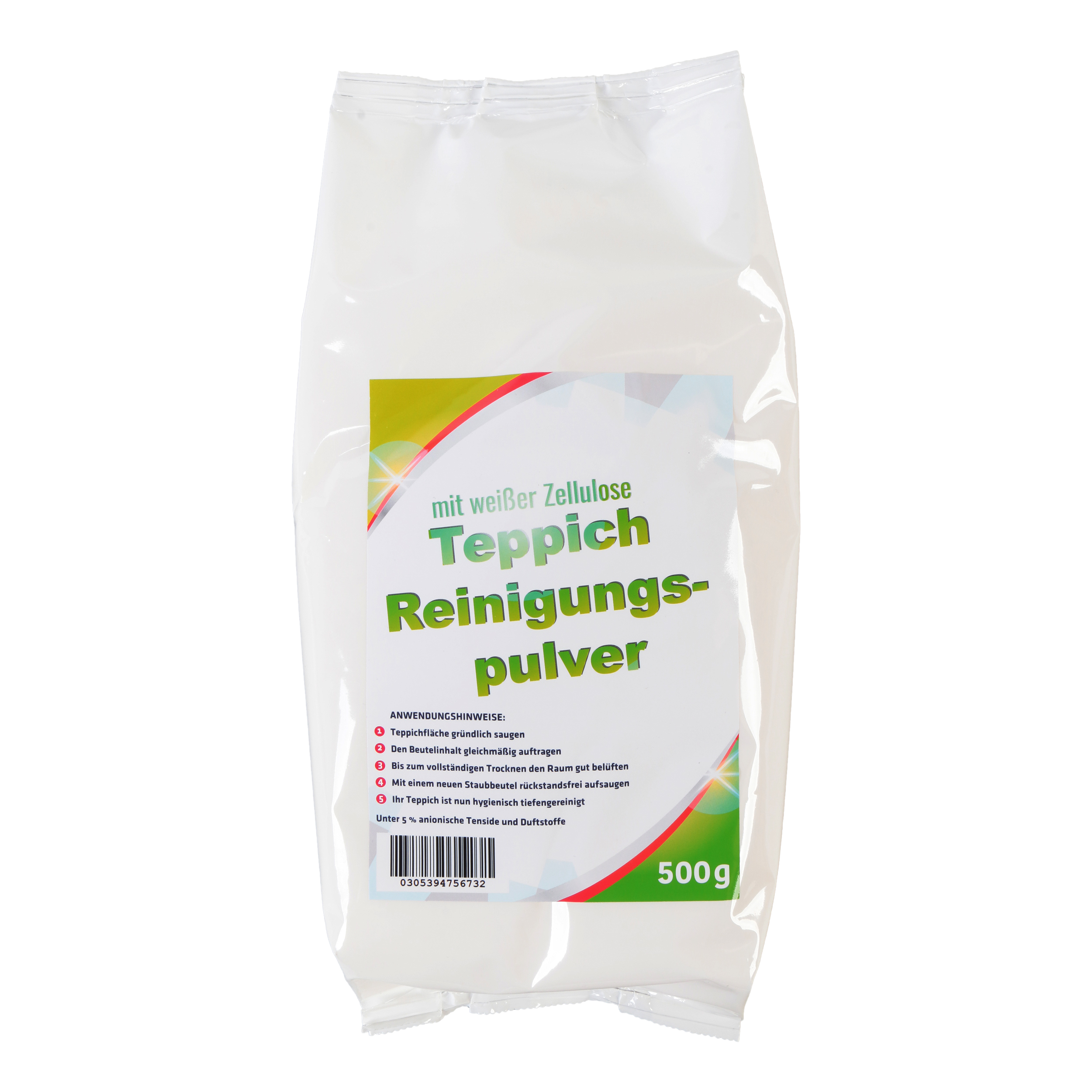 Weißer Beutel mit Reinigungspulver. Aufschrift 'Teppich Reinigungspulver'. 500g Gewicht angegeben.