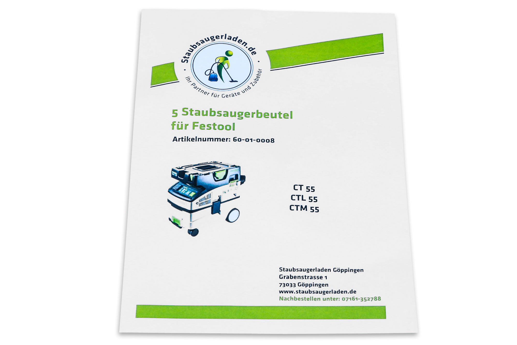 Ein weißes Papier mit Logo und Text, das Staubsaugerbeutel für Festool, Modell CT 55 und mehr bewirbt.