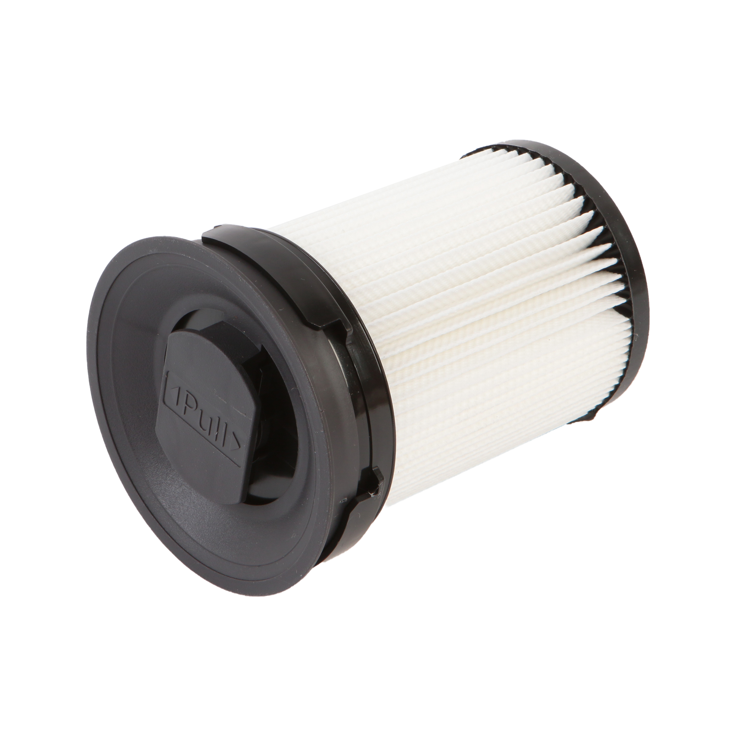 Ein zylindrischer Filter mit gefaltetem weißem Material und schwarzen Kappen.
