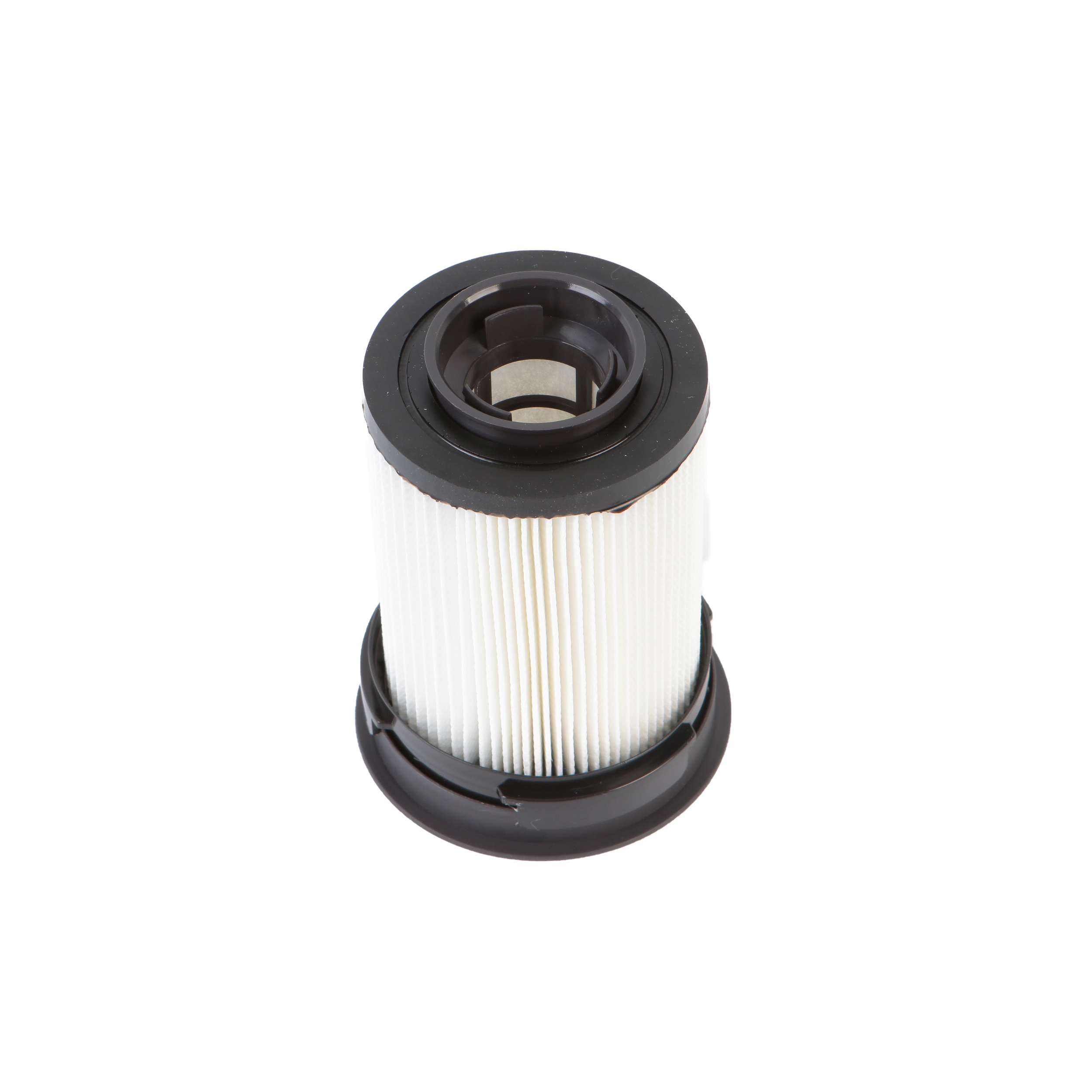 Weißer und schwarzer Filter für Luftreiniger. Zylinderform mit schwarzem Ring oben.