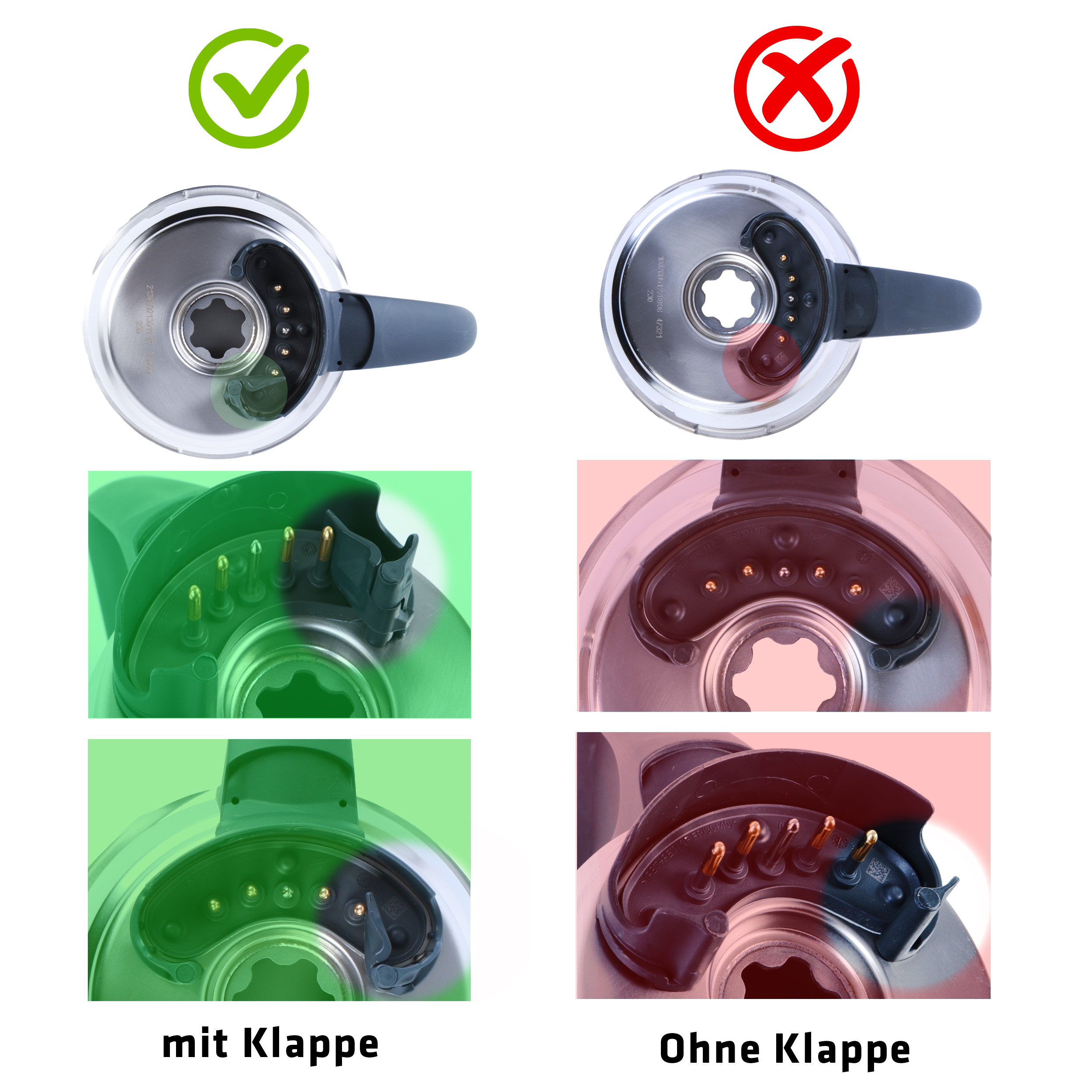 Zwei Bilder, die die korrekte und inkorrekte Platzierung eines Teils zeigen. Das korrekte Teil hat eine Klappe, das andere nicht.