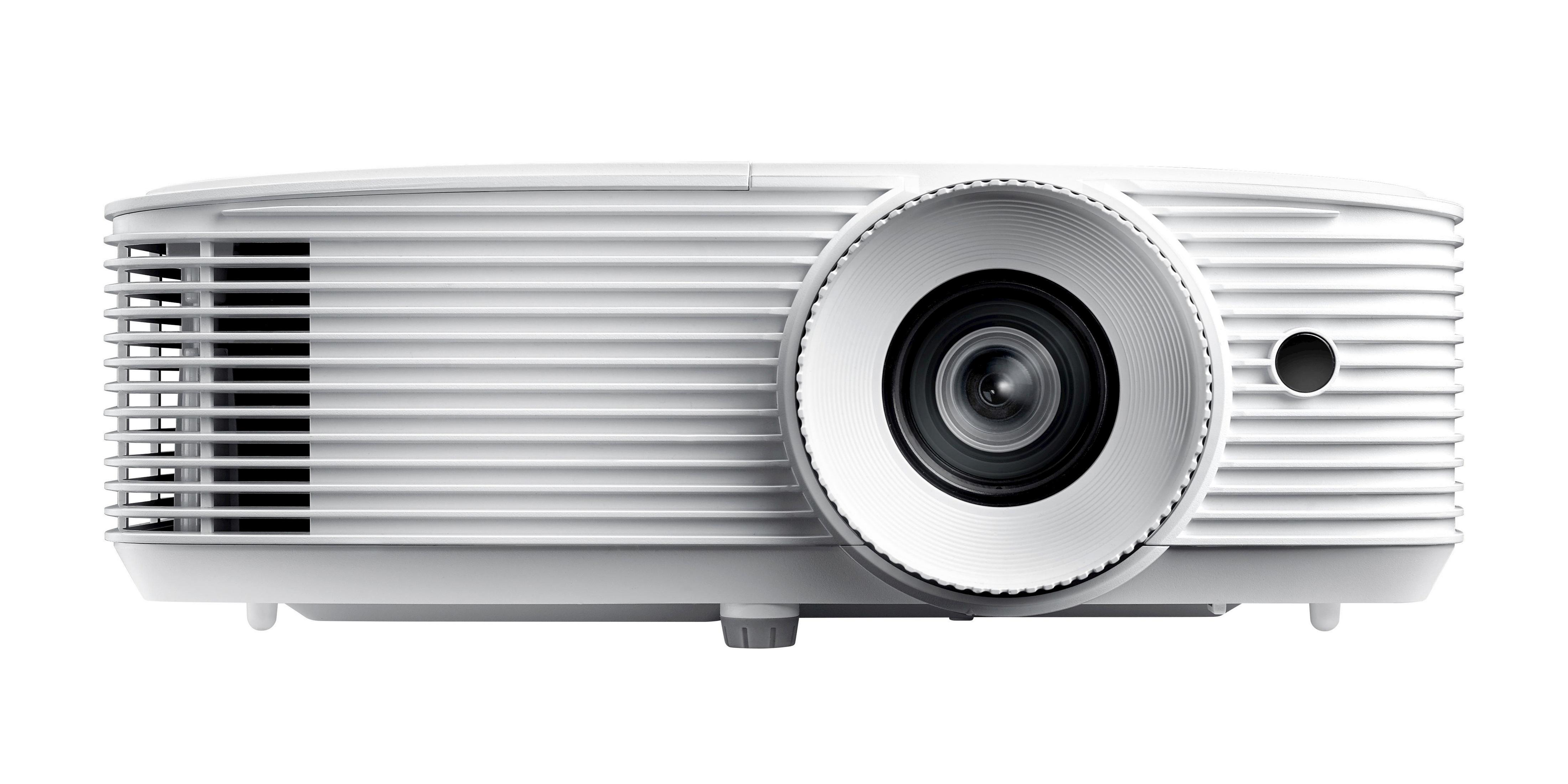 Un proyector blanco con una lente grande y rejillas de ventilación. Está sobre una superficie blanca.