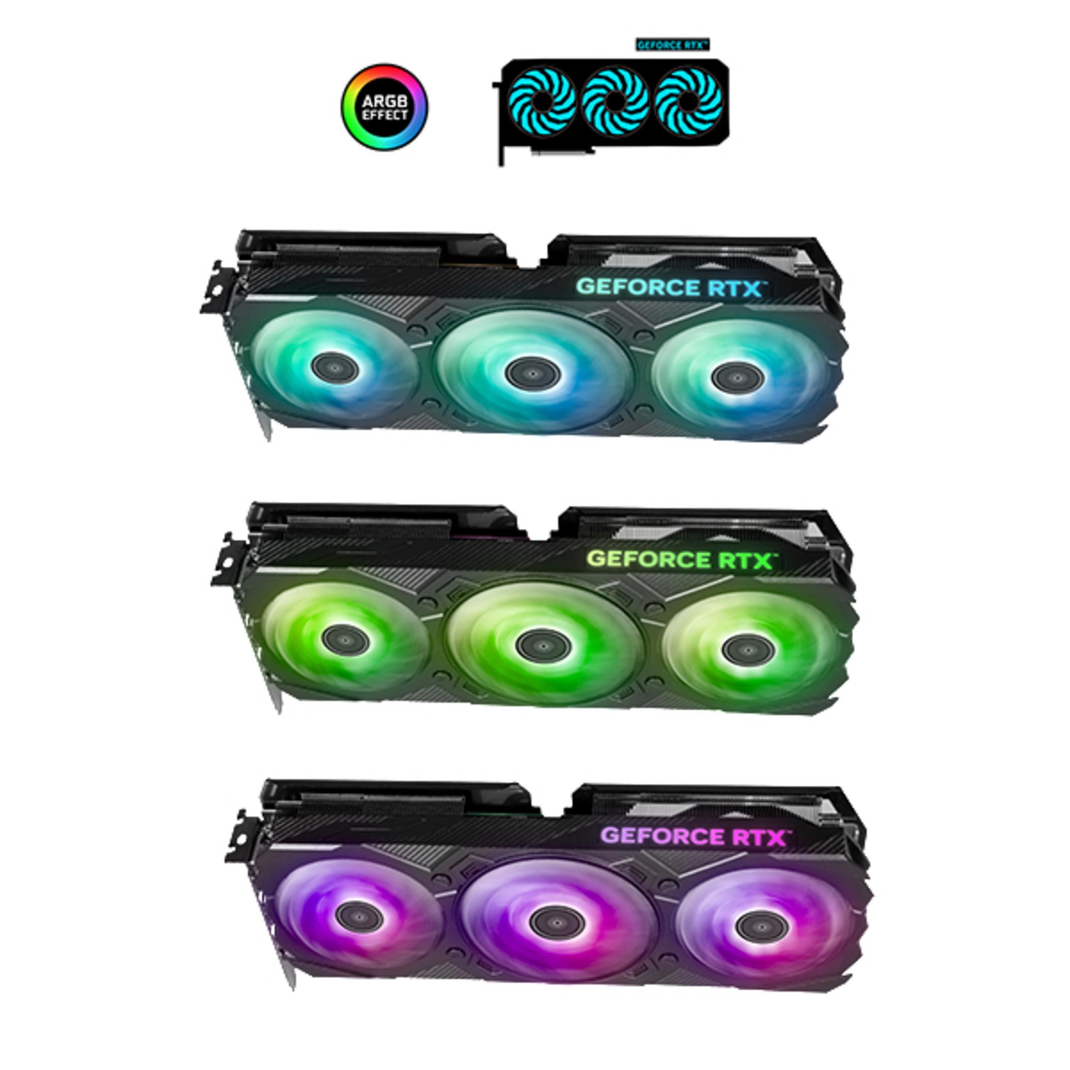 Drei Grafikkarten mit bunten, leuchtenden Lüftern. ARGB-Effekt-Logo und GeForce RTX-Logo sichtbar.
