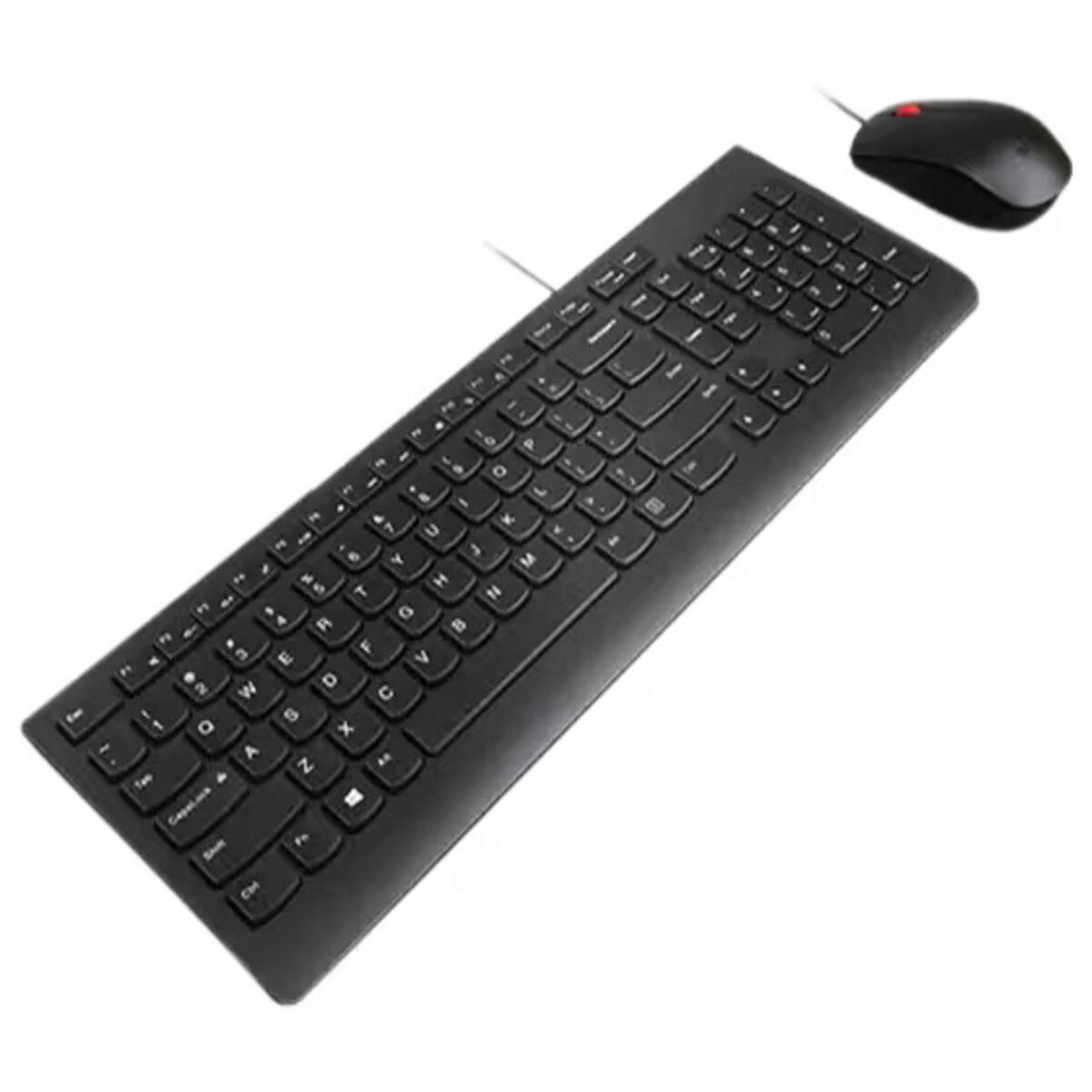Schwarze Tastatur, Maus. Die Tastatur hat viele Tasten. Die Maus ist schwarz mit roter Taste.
