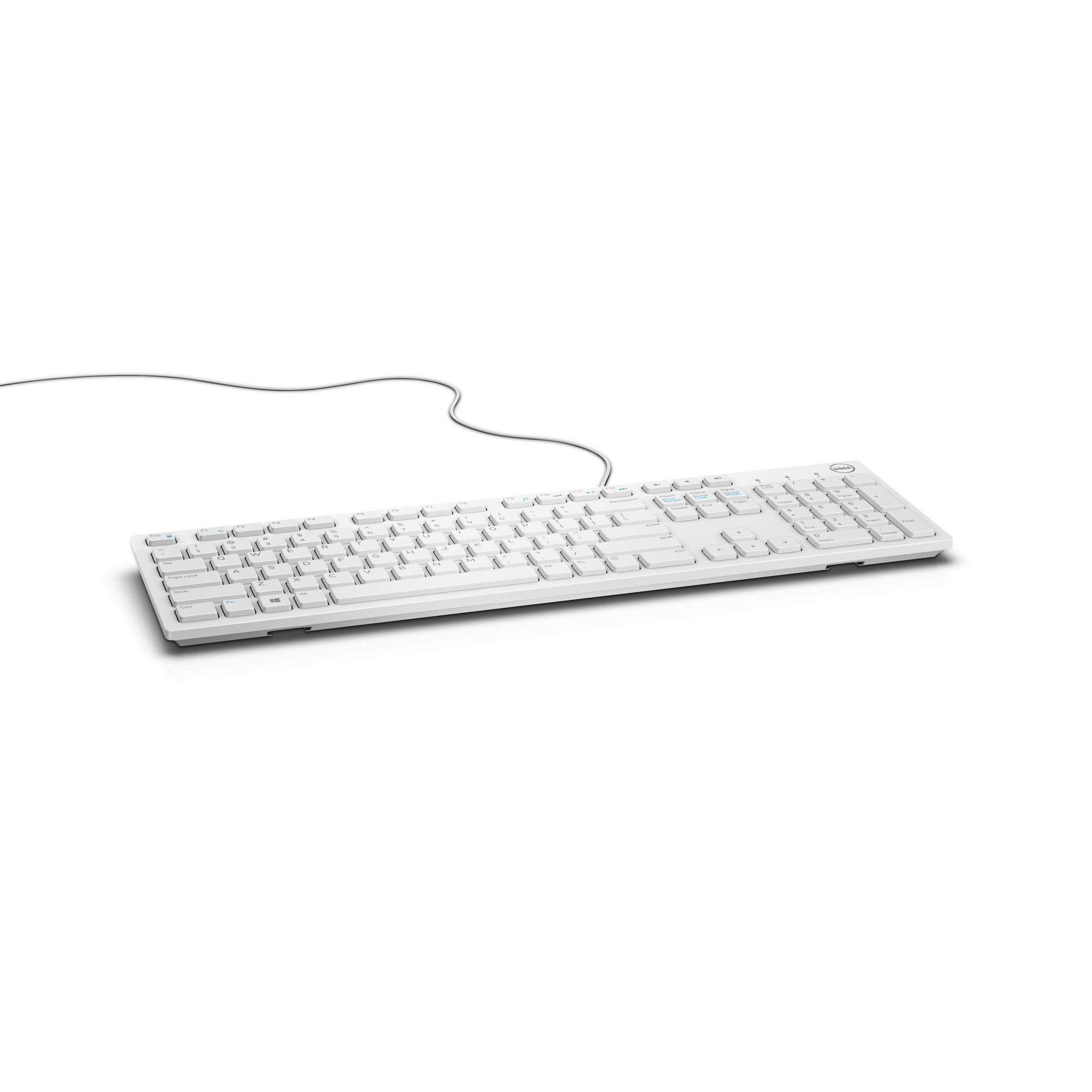 Weiße Tastatur mit Buchstaben und Zahlen. Ein dünnes Kabel geht von der Tastatur aus.