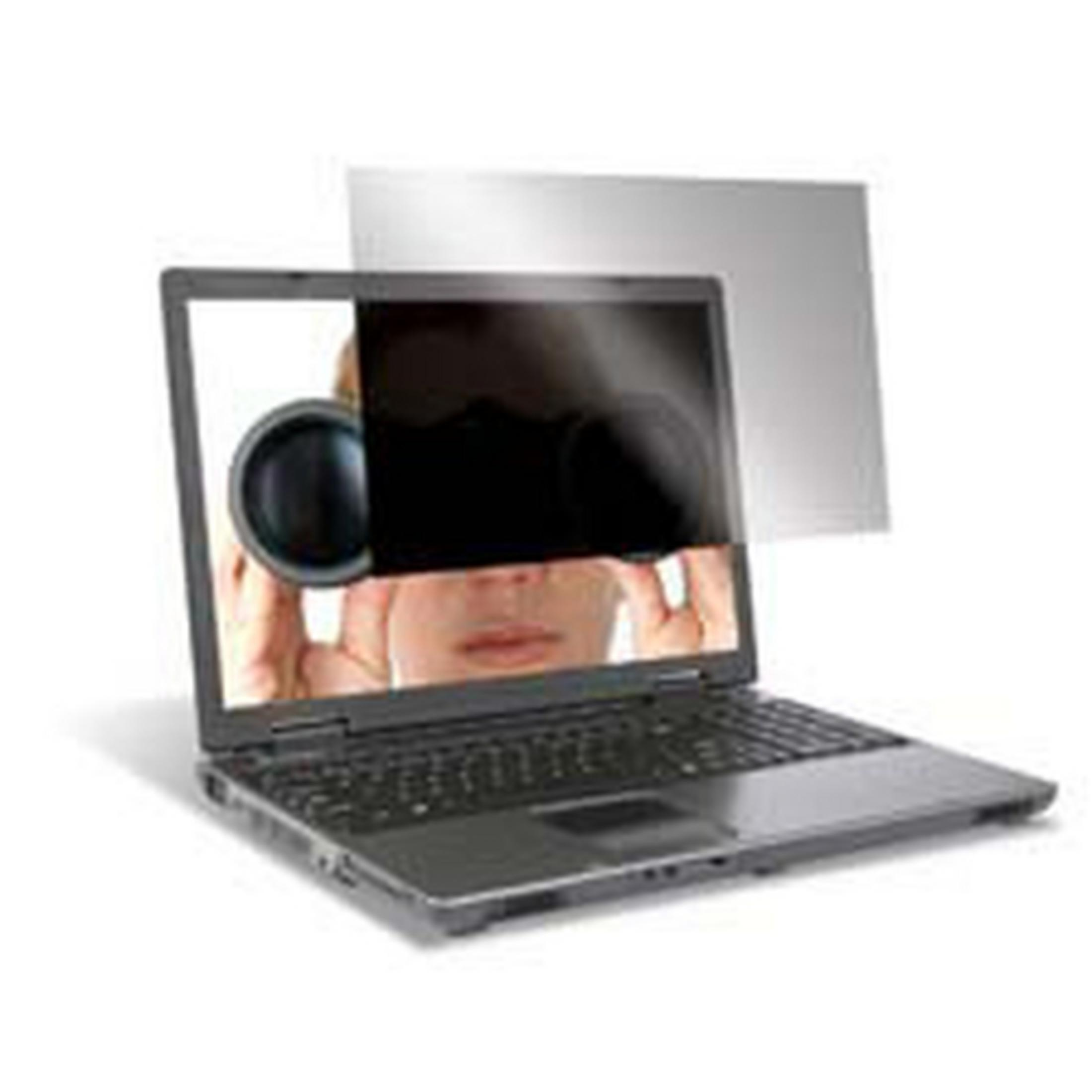 Laptop con schermo per la privacy collegato e un'immagine sfocata sullo schermo di una persona con una fotocamera.