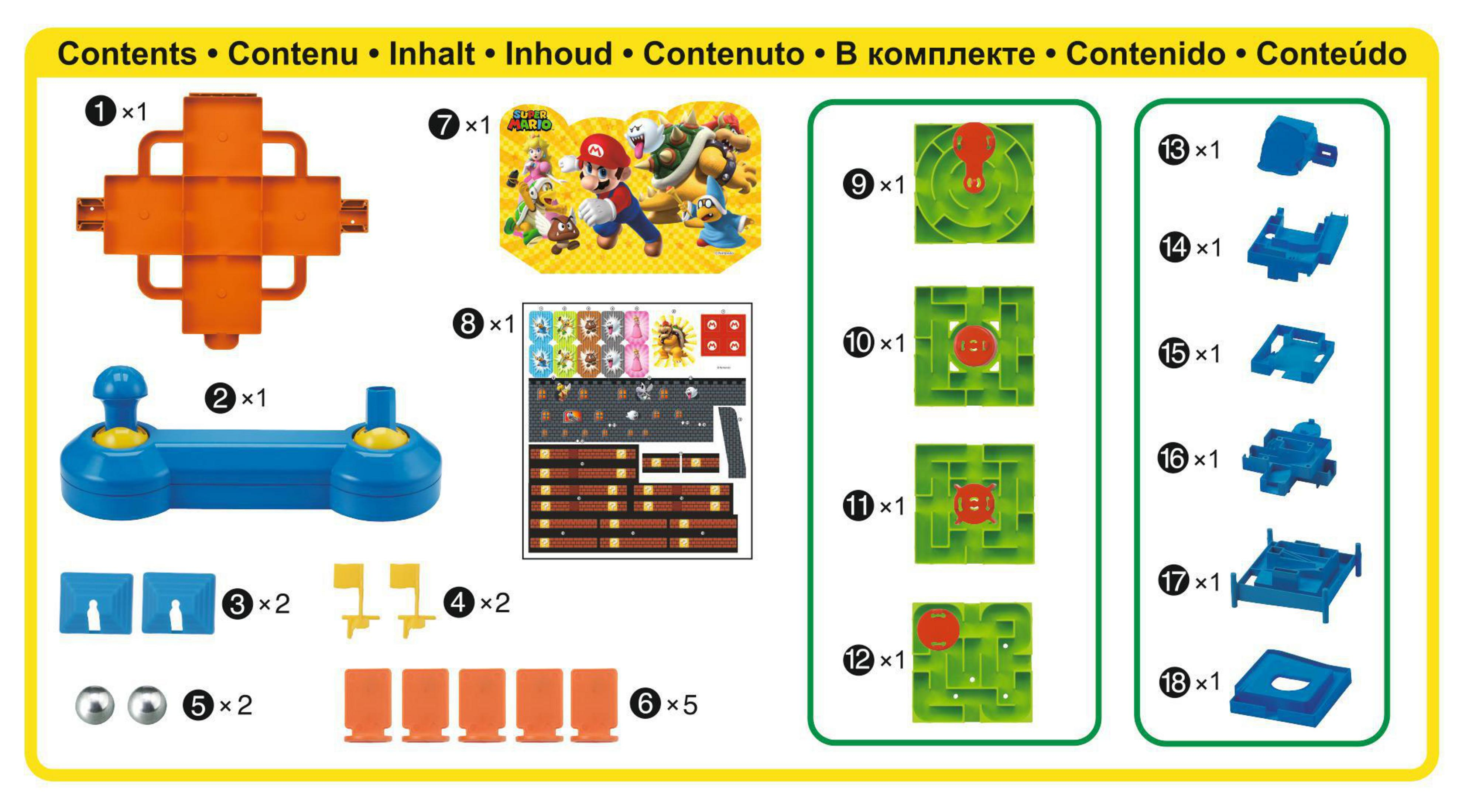 Schemat instrukcji z elementami gry, z motywem Super Mario.