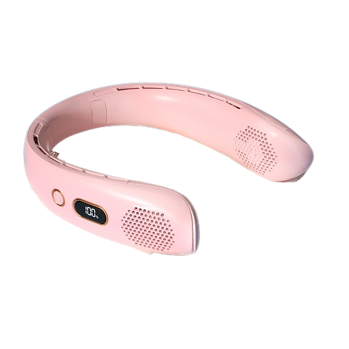 Ein rosa Nackenventilator mit Display, das 100 anzeigt. Er hat zwei Lautsprecheröffnungen.