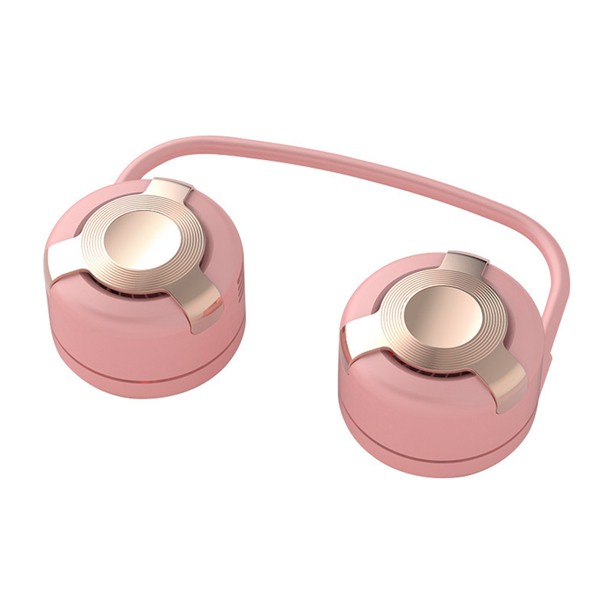 Rosa-goldener tragbarer Nackenventilator. Zwei Lüftereinheiten verbunden durch ein gebogenes Band.