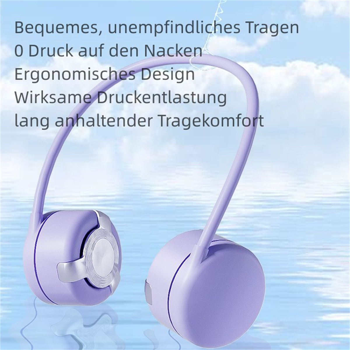 Ein lavendelfarbener Nackenventilator mit Text über seine Eigenschaften vor einem Himmelshintergrund.