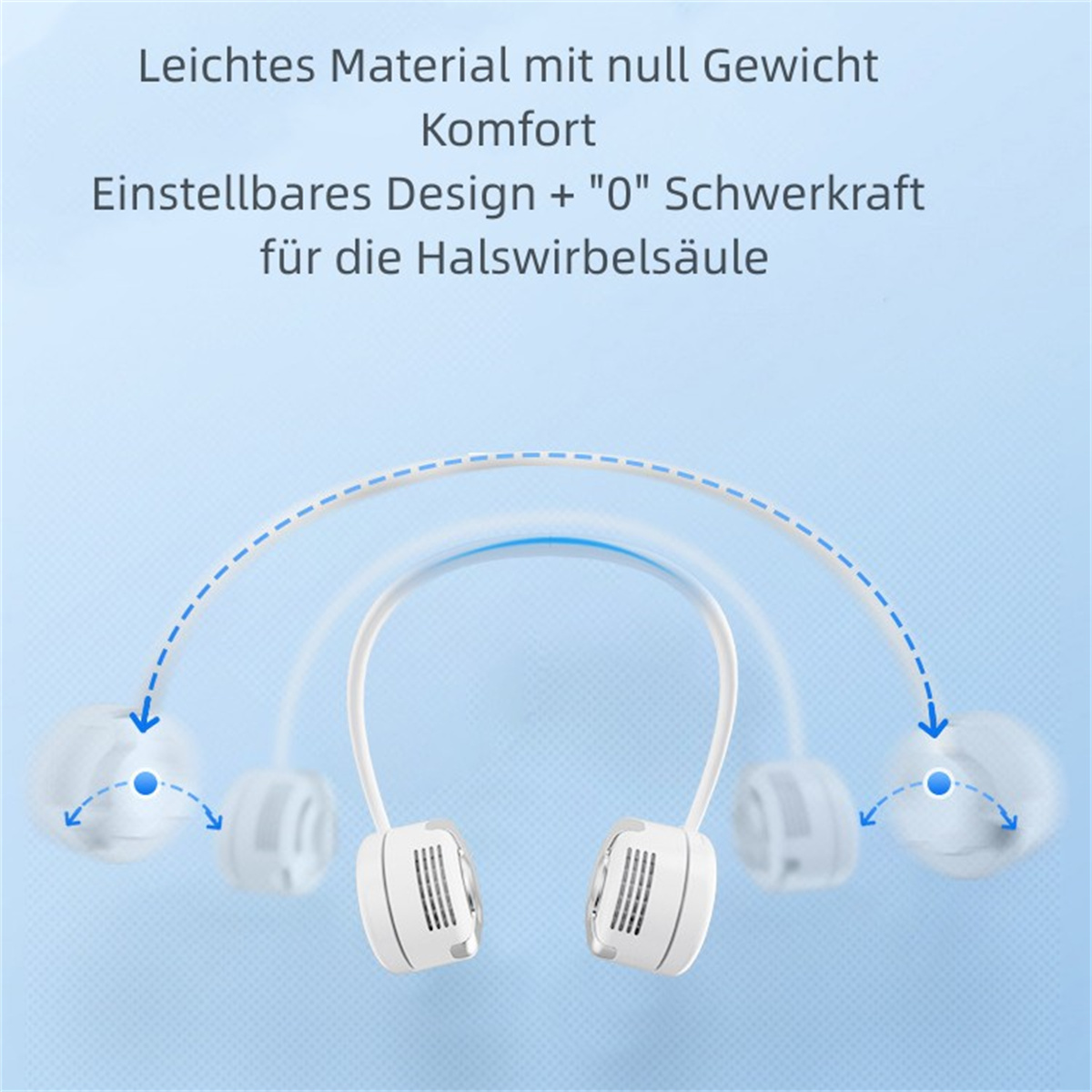 Weißer Nackenventilator mit Text und blauen gepunkteten Linien auf hellblauem Hintergrund.