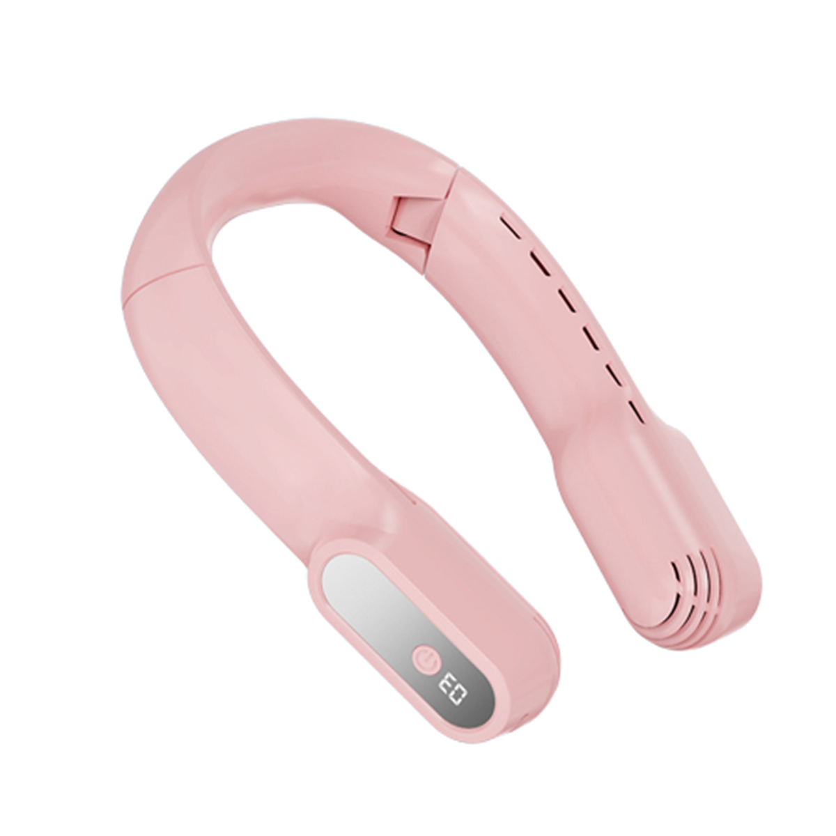 Ein rosa Nackenventilator mit Anzeige 03. Er hat Luftauslässe an der Seite.