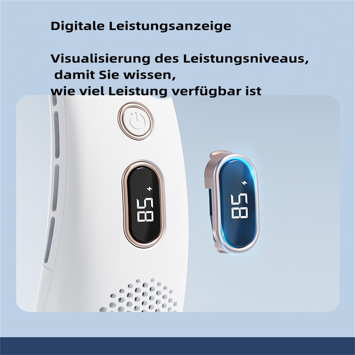 Zwei elektronische Geräte mit Digitalanzeigen, die Zahlen anzeigen, mit Text auf Deutsch. Hellblauer Hintergrund.